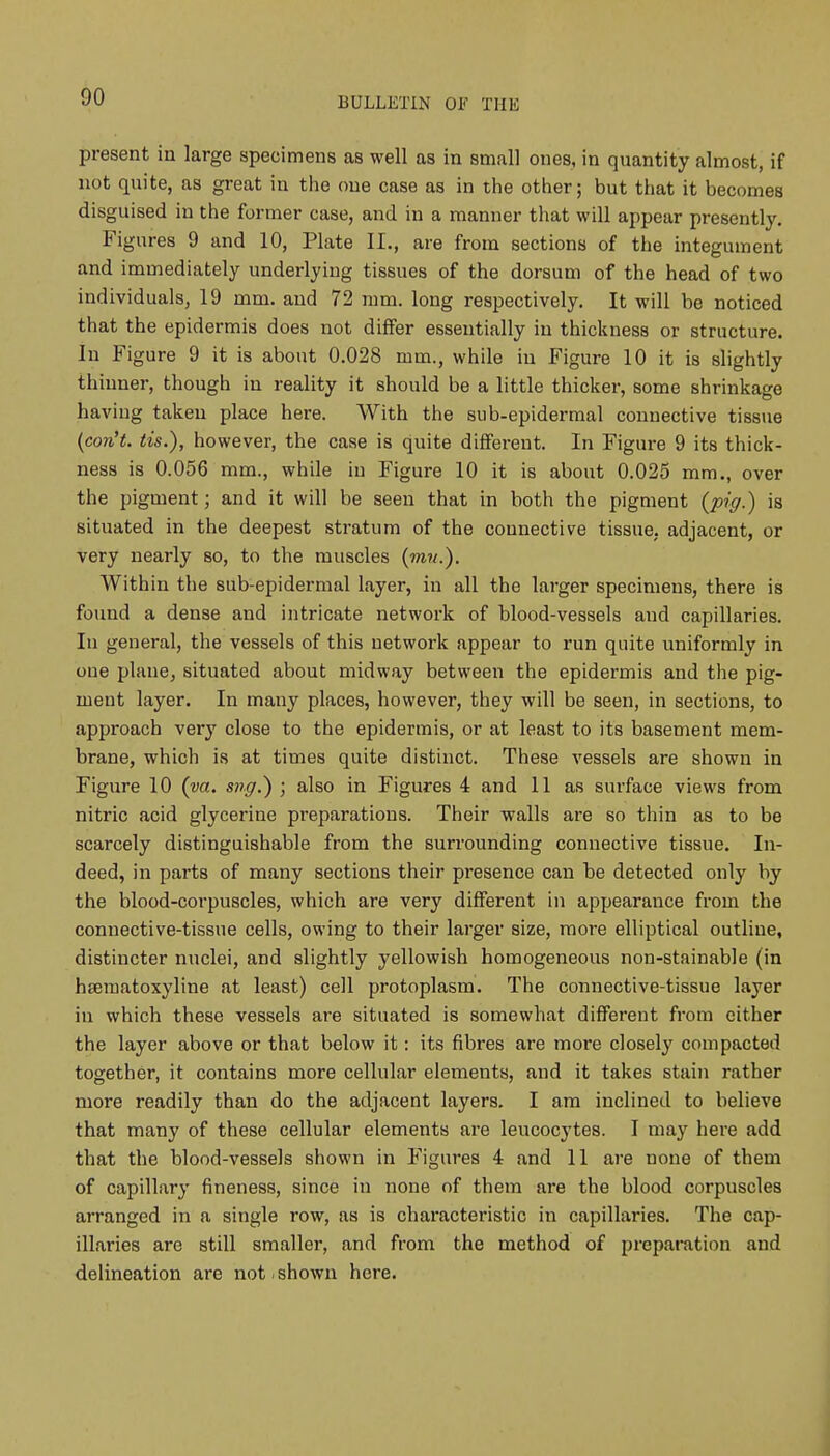 present in large specimens as well as in small ones, in quantity almost, if not quite, as great in the one case as in the other; but that it becomes disguised in the former case, and in a manner that will appear presently. Figures 9 and 10, Plate II., are from sections of the integument and immediately underlying tissues of the dorsum of the head of two individuals, 19 mm. and 72 mm. long respectively. It will be noticed that the epidermis does not differ essentially in thickness or structure. In Figure 9 it is about 0.028 mm., while in Figure 10 it is slightly thinner, though in reality it should be a little thicker, some shrinkage having taken place here. With the sub-epidermal connective tissue (con't. tis.), however, the case is quite different. In Figure 9 its thick- ness is 0.056 mm., while in Figure 10 it is about 0.025 mm., over the pigment; and it will be seen that in both the pigment (pig.) is situated in the deepest stratum of the connective tissue, adjacent, or very nearly so, to the muscles (?»?/.). Within the sub-epidermal layer, in all the larger specimens, there is found a dense and intricate network of blood-vessels and capillaries. In general, the vessels of this network appear to run quite uniformly in one plane, situated about midway between the epidermis and the pig- ment layer. In many places, however, they will be seen, in sections, to approach very close to the epidermis, or at least to its basement mem- brane, which is at times quite distinct. These vessels are shown in Figure 10 (va. sng.) ; also in Figures 4 and 11 as surface views from nitric acid glycerine preparations. Their walls are so thin as to be scarcely distinguishable from the surrounding connective tissue. In- deed, in parts of many sections their presence can be detected only by the blood-corpuscles, which are very different in appearance from the connective-tissue cells, owing to their larger size, more elliptical outline, distincter nuclei, and slightly yellowish homogeneous non-stainable (in hsematoxyline at least) cell protoplasm. The connective-tissue layer in which these vessels are situated is somewhat different from either the layer above or that below it: its fibres are more closely compacted together, it contains more cellular elements, and it takes stain rather more readily than do the adjacent layers. I am inclined to believe that many of these cellular elements are leucocytes. I may here add that the blood-vessels shown in Figures 4 and 11 are none of them of capillary fineness, since in none of them are the blood corpuscles arranged in a single row, as is characteristic in capillaries. The cap- illaries are still smaller, and from the method of preparation and delineation are not i shown here.