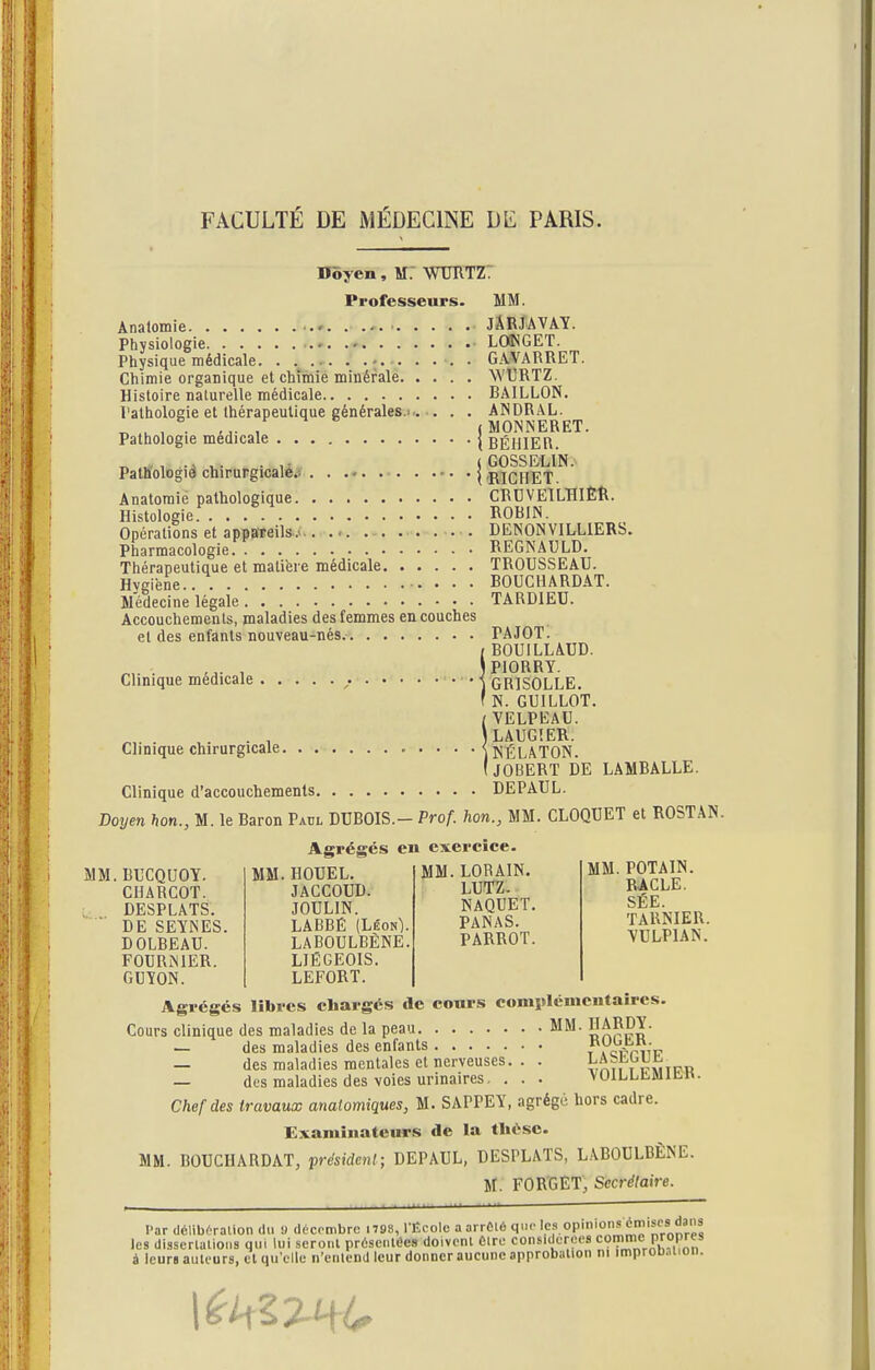 nôyen, M. WURTZ. Professeurs. MM. Analomie . ... ■ JÂRJAVAY. Physiologie ■ LCMSGEÏ. Physique médicale . . . • GAA'ARRET. Chimie organique et chimie minérale WtîRTZ. Histoire naturelle médicale BAILLON. l'atholosie et thérapeutique générales.!.. . . . ANDRAL. T. u , , (MONNERET. Pathologie médicale | béuier. „ ^, , ^. . ,r ( GOSSBLIN. Palliologié chirurgicaléi) (RIGHET. Anatoraié pathologique CRDVEILHIÈR. Histologie ROBIN. Opérations et appareils.; ■ DENONVILLIERS. Pharmacologie REGNAULD. Thérapeutique et matière médicale TROUSSEAU. Hygiène.. BOUCHARDAT. Médecine légale - . . TARDIEU. Accouchements, maladies des femmes en couches et des enfants nouveau-nés. PAJOT. ( BOUILLAUD. JpiORRY. • / -i GRISOLLE. f N. GUILLOT. (VELPEAU. JLAUGIER. PÉLATON. IJOBERT DE LAMBALLE. Clinique d'accouchements DEPAUL. Doyen hon., M. le Baron Paul DUBOIS.- Prof, hon., MM. CLOQUET et ROSTAN. Clinique médicale Clinique chirurgicale. Agrégés en exercice. MM. BUCQUOY. CHARCOT. DESPLATS. DE SEYNES. DOLBEAU. FOURNIER. GUYON. MM. HOUEL. JACCOUD. JOULIN. LABBÊ (Léon). LABOULBÈNE. LIÉGEOIS. LEFORT. MM. LORÂIN. LUTZ- - NAQUET. PANAS. PARROT. MM. POTAIN. RACLE. SÉE. TARNIER. YULPIAN. Agrégés libres chargés de cours comj>lénientaires. Cours clinique des maladies de la peau MM. HARDY. — des maladies des enfants r » cHviiV — des maladies mentales et nerveuses. . . V/mi i k'mtpr — des maladies des voies urinaires, . . . VUILLC-Mictt. Chef des travaux analomiques, M. SAPPEY, agrégé hors cadre. Examinateurs de la thèse. MM. BOUCHARDAT, président; DEPAUL, DESPLATS, LABOULBÈNE. M. FOR'GET, Secrétaire. Par (iclibi'Talion du » décembre 1798, l'Êcolc a arrClé quv >f •^OP'''^^,''' les disserlationa qui lui seronl présenlôes doivent Cire considorees comn;Pf°P;^ à leur> aulcurs, el qu'elle n'enlend leur donner aucune approbalion m improD.nion.