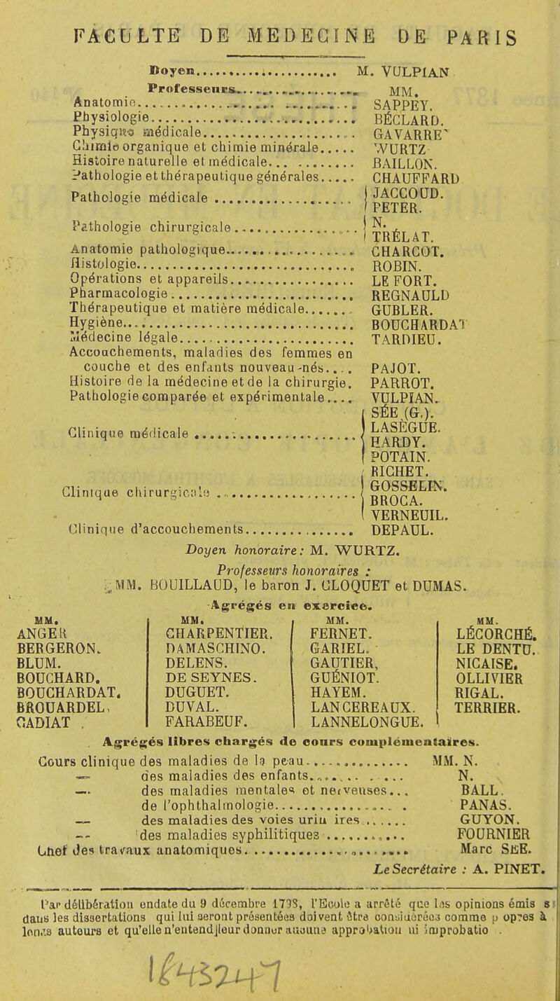 Doyen M. VULPIAN Professeurs... ............... ... MM. Anatomio SAPPEY. Physiologie BÉCLARD. Phyaiqiw aiédicale GAVARRE Ciiraio organique et chimie minéraJe WURTZ Histoire naturelle et médicale BAILLON. Pathologie et thérapeutique générales CHAUFFARD Pathologie médicale JACCOUD. 5 I PETER. Pathologie chirurgicale .. j ^^LAT Anatomie pathologique . CHARCOT. Histologie ROBIN. Opérations et appareils LE FORT. Pharmacologie REGNAULD Thérapeutique et matière médicale GUBLER. Hygiène BODCHARDAT Médecine légale TARDIEU. Accouchements, maladies des femmes en couche et des enfants nouveau-nés.... Histoire de la médecine et de la chirurgie. Pathologie comparée et expérimentale.... Clinique médicale PAJOT. PARROT. VULPIAN. SÉE (G,). LASÈGUE. HARDY. POTAIN. RIGHET. GOSSELIN. BROGA. 1 YERNEUIL. Clinique d'accouchements , DEPAUL. Doyen honoraire: M. WURTZ. Professeurs honoraires : „MM. BOUILLAUD, le baron J. ULOQUET et DUMAS. -Agrégés en exercice. Clinique chirurgie:)'.!} MM. ANGE H BERGERON. BLUM. BOUCHARD. BOUCHARDAT. BROUARDEL, CADIAT . MM. CHARPENTIER. DAMASCHINO. DELENS. DE SEYNES. DUGUET. DUVAL. FARABEUF. MM. FERNET. GARIEL. GAUTIER, GUÉNIOT. HAYEM. LANCEREAUX. LANNELONGUE. MM. LÉCORCHÉ. LE DENTU. NIGAISE. OLLIVIER RIGAL. TERRIER. Agrégés libres chargés de cours complémentaires. Cours clinique des maladies de Ig peau. — des maladies des enfants. „. — des maladies mentale1* et neiveuses., de l'ophthaltnologie — des maladies des voies uriu. ires :des maladies syphilitiques .......... Chef de* travaux anatomiquos „ MM. N. N. N BALL. PANAS. GUYON. ..... FOURNIER Marc SUE. Le Secrétaire : A. PINET. L'ai-délibération undate du 9 décembre 1793, l'Ecole a arrêté que I.îs opinions émis 8: dans les dissertations qui lui seront présentées doivent être considérée.? comme p op?es à lon.'.s autours et qu'elle n'entendjlour dimnur aucune approbation ni itnprobatio .