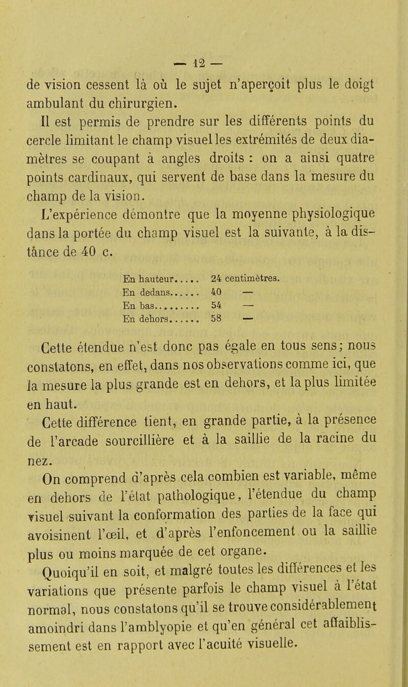 de vision cessent là où le sujet n'aperçoit plus le doigt ambulant du chirurgien. Il est permis de prendre sur les différents points du cercle limitant le champ visuelles extrémités de deux dia- mètres se coupant à angles droits : on a ainsi quatre points cardinaux, qui servent de base dans la mesure du champ de la vision. L'expérience démontre que la moyenne physiologique dans la portée du champ visuel est la suivante, à la dis- tance de 40 c. Cette étendue n'est donc pas égale en tous sens; nous constatons, en effet, dans nos observations comme ici, que ïa mesure la plus grande est en dehors, et la plus limitée en haut. Cette différence tient, en grande partie, à la présence de l'arcade sourcillière et à la saillie de la racine du nez. On comprend d'après cela combien est variable, même en dehors de l'état pathologique, l'étendue du champ visuel suivant la conformation des parties de la face qui avoisinent l'œil, et d'après l'enfoncement ou la saillie plus ou moins marquée de cet organe. Quoiqu'il en soit, et malgré toutes les différences et les variations que présente parfois le champ visuel à l'état normal, nous constatons qu'il se trouve considérablement amoindri dans l'arnblyopie et qu'en général cet affaiblis- sement est en rapport avec l'acuité visuelle. Eu hauteur En dedans. En bas.... En dehors 24 centimètres. 40 — 54 — 58 —