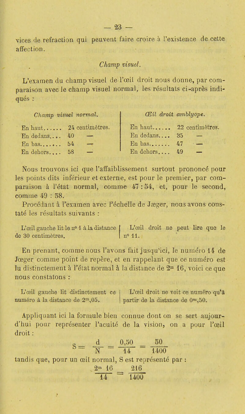 vices de réfraction qui peuvent faire croire à l'existence de cette affection. Champ visuel. L'examen du champ visuel de l'œil droit nous donne, par com- paraison avec le champ visuel normal, les résultais ci-après indi- qués : Champ visuel normal. En haut 24 centimètres. En dedans.... 40 — En bas 54 — En dehors.... 58 — Œil droit amblyope. En haut 22 centimètres. En dedans.... 35 — En bas 47 — En dehors.... 49 — Nous trouvons ici que l'affaiblissement surtout prononcé pour les points dits inférieur et externe, est pour le premier, par com- paraison à l'état normal, comme 47 : 54, et, pour le second, comme 49 : 58. Procédant à l'examen avec l'échelle de Jœger, nous avons cons- taté les résultats suivants : L'œil gauche lit le n° 1 à la distance j L'œil droit ne peut lire que le de 30 centimètres. | n° 11. En prenant, comme nous l'avons fait jusqu'ici, le numéro 14 de Jœger comme point de repère, et en rappelant que ce numéro est lu distinctement à l'état normal à la distance de 2m 16, voici ce que nous constatons : L'œil gauche lit distinctement ce numéro à la distance de 2m,05. L'œil droit ne voit ce numéro qu'à partir de la distance de 0m,50. Appliquant ici la formule bien connue dont on se sert aujour- d'hui pour représenter l'acuité de la vision, on a pour l'œil droit : d 0,50 _ 50 N ~~ S = 14 1400 tandis que, pour un œil normal, S est représenté par : 2m 16 216 14 1400