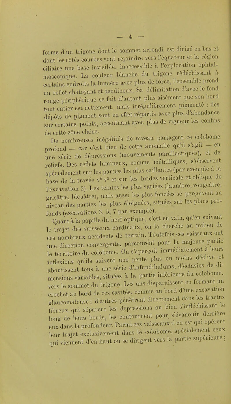 forme cVun trigone dont le sommet arrondi est dirigé en bas et dont les côtés coui'bes vont rejoindre vers Véqnateur et la région ciliaire une base invisible, inaccessible à l'exploration oplital- moscopique. La couleur blanche du trigone réOécbissant a certains endroits la lumière avec plus de force, l'ensemble prend un reflet chatoyant et tendineux. Sa délimitation d'avec le tond rouge périphérique se fait d'autant plus aisément que son bord tout entier est nettement, mais irrégulièrement pigmente : des dépôts de pigment sont en efiet répartis avec plus d'abondance sur certains points, accentuant avec plus de vigueur les conûns de cette zone claire. De nombreuses inégalités de niveau partagent ce colobome profond — car c est bien de cette anomalie qu'il s'agit - en une série de dépressions (mouvements parallactiques), et de reliefs Des reflets lumineux, comme métalliques, s'observent spécialement sur les parties les plus saillantes (par exemple a la base de la travée v^ v' et sur les brides verticale et oblique de l'excavation 2). Les teintes les plus variées (jaunâtre, rougeatre, grisâtre, bleuâtre), mais aussi les plus foncées se perçoivent au niveau des parties les plus éloignées, situées sur les plans pro- fonds (excavations 3, 5, 7 par exemple). _ Quant à la papille du nerf optique, c'est en vain, qu en suivant le trajet des vaisseaux cardinaux, on la cherche au mibeu de ces nombreux accidents de terrain. Toutefois ces vaisseaux ont une direction convergente, parcourent pour la majeui-e partie le territoire du colobome. On s'aperçoit immédiatement a leurs inflexions qu'ils suivent une pente plus ou moins déclive et aboutissent tous à une série d'infundibulums, dectasies de di- mensions variables, situées à la partie inférieure du colobome, vers le sommet du trigone. Les uns disparaissent en formant un crochet au bord de ces cavités, comme au bord d une excava ion glaucomateuse ; d'autres pénètrent directement dans les tractu Ibreux qui séparent les dépressions ou bien s inflcchissant le long de leurs bords, les contournent pour s'évanouir deiTiere eux dans la profondeur. Parmi ces vaisseaux il en est qui opèrent leur trajet exclusivement dans le colobome, spécialement ceux qui viennent d'en haut ou se dirigent vers la partie supérieure ;