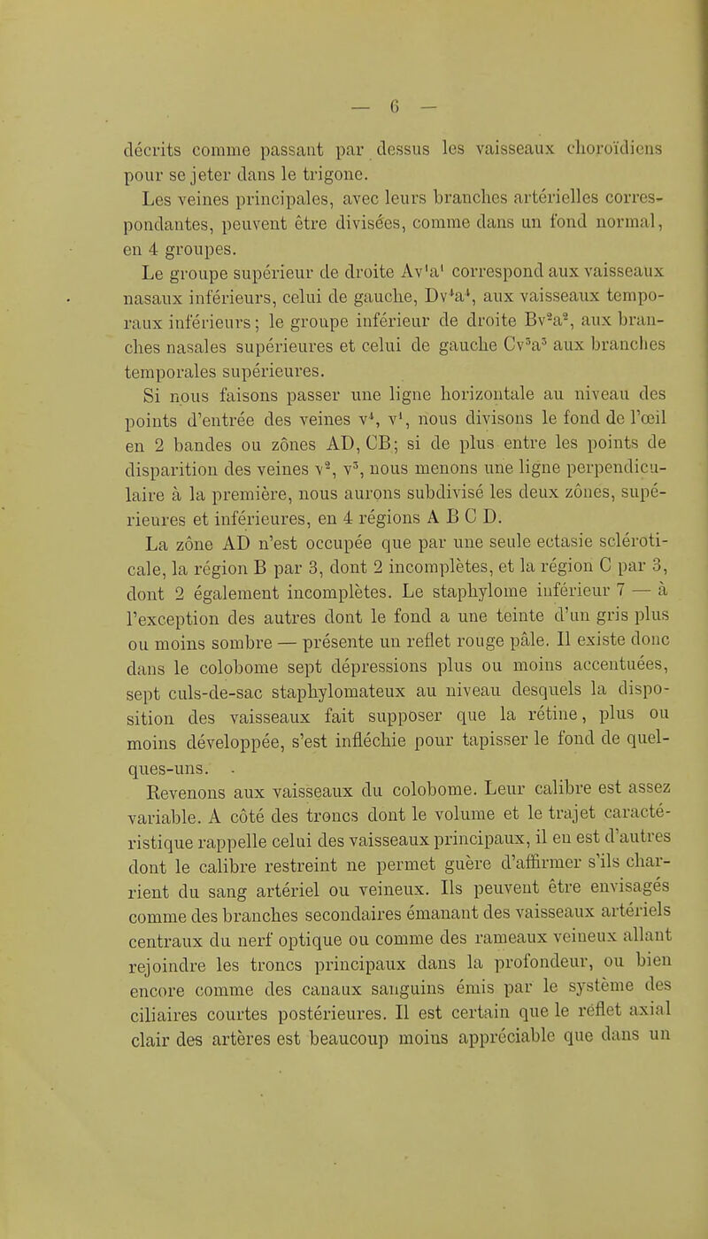 décrits comme passant par dessus les vaisseaux clioroïdiens pour se jeter dans le trigonc. Les veines principales, avec leurs branches artérielles corres- pondantes, peuvent être divisées, comme dans un fond normal, en 4 groupes. Le groupe supérieur de droite Av'a' correspond aux vaisseaux nasaux inférieurs, celui de gauche, Dv'a', aux vaisseaux tempo- raux inférieurs; le groupe inférieur de droite BvV, aux bran- ches nasales supérieures et celui de gauche Cv'a' aux branches temporales supérieures. Si nous faisons passer une ligne horizontale au niveau des points d'entrée des veines vS v', nous divisons le fond de l'œil en 2 bandes ou zones AD, CB; si de plus entre les points de disparition des veines v% v^ nous menons une ligne perpendicu- laire à la première, nous aurons subdivisé les deux zones, supé- rieures et inférieures, en 4 régions A B C D. La zone AD n'est occupée que par une seule ectasie scléroti- cale, la région B par 3, dont 2 incomplètes, et la région C par 3, dont 2 également incomplètes. Le staphylome inférieur 7 — à l'exception des autres dont le fond a une teinte d'un gris plus ou moins sombre — présente un reflet rouge pâle. Il existe donc dans le colobome sept dépressions plus ou moins accentuées, sept culs-de-sac staphylomateux au niveau desquels la dispo- sition des vaisseaux fait supposer que la rétine, plus ou moins développée, s'est infléchie pour tapisser le fond de quel- ques-uns. - Revenons aux vaisseaux du colobome. Leur calibre est assez variable. A côté des troncs dont le volume et le trajet caracté- ristique rappelle celui des vaisseaux principaux, il eu est d'autres dont le calibre restreint ne permet guère d'affirmer s'ils char- rient du sang artériel ou veineux. Ils peuvent être envisagés comme des branches secondaires émanant des vaisseaux artériels centraux du nerf optique ou comme des rameaux veineux allant rejoindre les troncs principaux dans la profondeur, ou bien encore comme des canaux sanguins émis par le système des ciliaires courtes postérieures. Il est certain que le reflet axial clair des artères est beaucoup moins appréciable que dans un