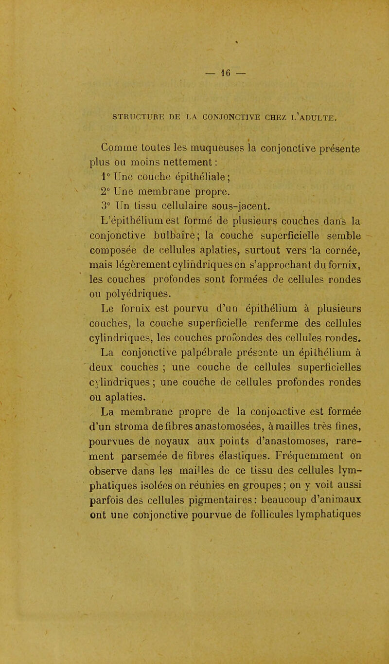 STRUCTURE DE LA CONJONCTIVE CHEZ L'ADULTE. Comme toutes les muqueuses la conjonctive présente plus ou moins nettement : 1° Une couche épithéliale ; 2° Une membrane propre. 3° Un tissu cellulaire sous-jacent. L'épithélium est formé de plusieurs couches dans la conjonctive bulbaire; la couche superficielle semble composée de cellules aplaties, surtout vers la cornée, mais légèrement cylindriques en s'approchant dufornix, les couches profondes sont formées de cellules rondes ou polyédriques. Le fornix est pourvu d'un épithélium à plusieurs couches, la couche superficielle renferme des cellules cylindriques, les couches profondes des cellules rondes. La conjonctive palpébrale prés3nte un épithélium à deux couches ; une couche de cellules superficielles cylindriques ; une couche de cellules profondes rondes ou aplaties. La membrane propre de la conjoactive est formée d'un stroma défibres anastomosées, à mailles très fines, pourvues de noyaux aux points d'anastomoses, rare- ment parsemée de fibres élastiques. Fréquemment on observe dans les mailles de ce tissu des cellules lym- phatiques isolées on réunies en groupes ; on y voit aussi parfois des cellules pigmentaires : beaucoup d'animaux ont une conjonctive pourvue de follicules lymphatiques