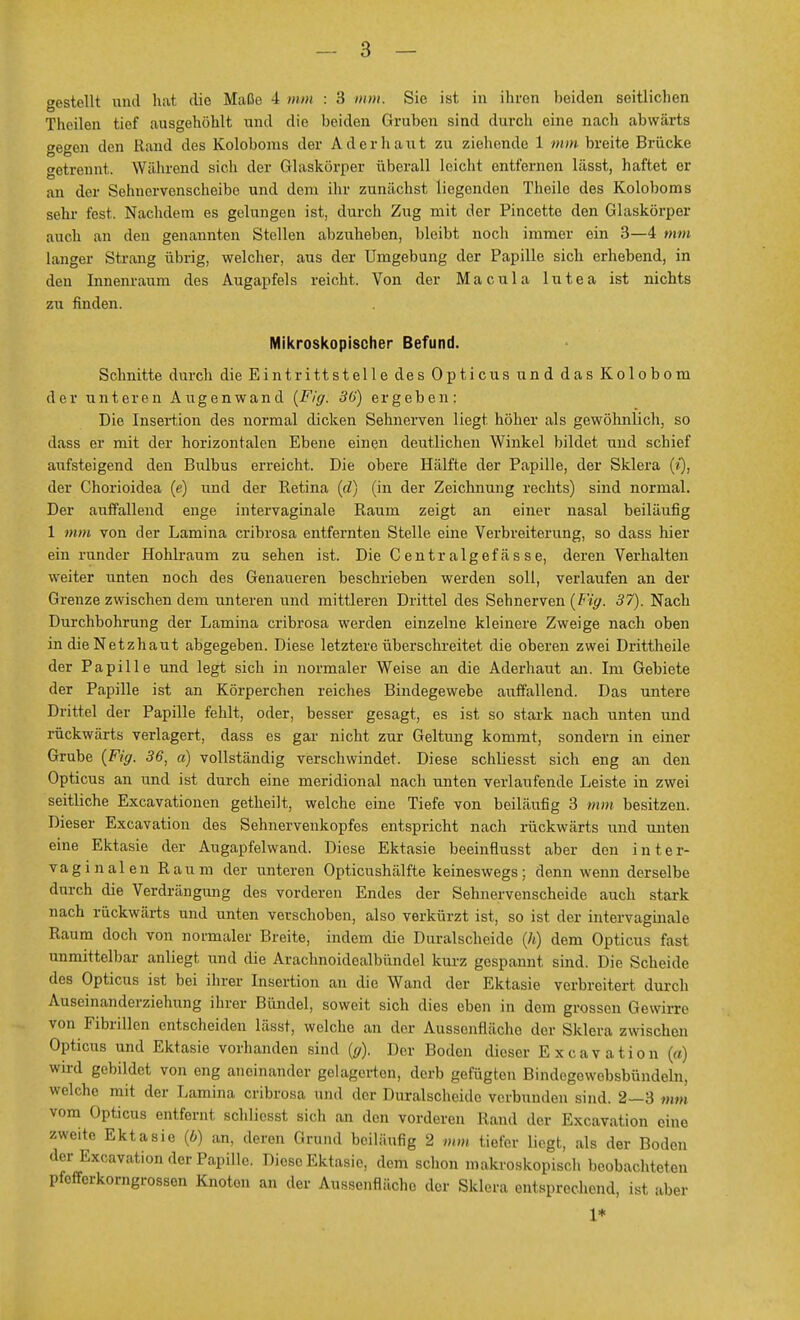 gestellt und hat die Maße 4 mm : 3 mm. Sie ist in ihren beiden seitlichen Theilen tief ausgehöhlt und die beiden Gruben sind durch eine nach abwärts gegen den Rand des Koloboms der Ad er haut zu ziehende 1 mm breite Brücke getrennt. Während sich der Glaskörper überall leicht entfernen lässt, haftet er an der Sehuervenscheibe und dem ihr zunächst liegenden Theile des Koloboms sehr fest. Nachdem es gelungen ist, durch Zug mit der Pincette den Glaskörper auch an den genannten Stellen abzuheben, bleibt noch immer ein 3—4 mm langer Strang übrig, welcher, aus der Umgebung der Papille sich erhebend, in den Innenraum des Augapfels reicht. Von der Macula lutea ist nichts zu finden. Mikroskopischer Befund. Schnitte durch die Eint ritt stelle des Opticus und das Kolobom der unteren Augenwand {Fig. 36) ergeben: Die Insertion des normal dicken Sehnerven liegt höher als gewöhnlich, so dass er mit der horizontalen Ebene einen deutlichen Winkel bildet und schief aufsteigend den Bulbus erreicht. Die obere Hälfte der Papille, der Sklera (i), der Chorioidea (e) und der Retina (d) (in der Zeichnung rechts) sind normal. Der auffallend enge intervaginale Raum zeigt an einer nasal beiläufig 1 mm von der Lamina cribrosa entfernten Stelle eine Verbreiterung, so dass hier ein runder Hohlraum zu sehen ist. Die Centralgefässe, deren Verhalten weiter unten noch des Genaueren beschrieben werden soll, verlaufen an der Grenze zwischen dem unteren und mittleren Drittel des Sehnerven (Fig. 37). Nach Durchbohrung der Lamina cribrosa werden einzelne kleinere Zweige nach oben in die Netzhaut abgegeben. Diese letztere überschreitet die oberen zwei Drittheile der Papille und legt sich in normaler Weise an die Aderhaut an. Im Gebiete der Papille ist an Körperchen reiches Bindegewebe auffallend. Das untere Drittel der Papille fehlt, oder, besser gesagt, es ist so stark nach unten und rückwärts verlagert, dass es gar nicht zur Geltung kommt, sondern in einer Grube (Fig. 36, a) vollständig verschwindet. Diese schliesst sich eng an den Opticus an und ist durch eine meridional nach unten verlaufende Leiste in zwei seitliche Excavationen getheilt, welche eine Tiefe von beiläufig 3 mm besitzen. Dieser Excavation des Sehnervenkopfes entspricht nach rückwärts und unten eine Ektasie der Augapfelwand. Diese Ektasie beeinflusst aber den inter- vaginalen Raum der unteren Opticushälfte keineswegs; denn wenn derselbe durch die Verdrängung des vorderen Endes der Sehnervenscheide auch stark nach rückwärts und unten verschoben, also verkürzt ist, so ist der intervaginale Raum doch von normaler Breite, indem die Duralscheide (h) dem Opticus fast unmittelbar anliegt und die Arachnoidealbündel kurz gespannt sind. Die Scheide des Opticus ist bei ihrer Insertion an die Wand der Ektasie verbreitert durch Auseinanderziehung ihrer Bündel, soweit sich dies eben in dem grossen Gewirre von Fibrillen entscheiden lässt, welche an der Ausscnflächo der Sklera zwischen Opticus und Ektasie vorhanden sind (g). Der Boden dieser Excavation (ff) wird gebildet von eng aneinander gelagerten, derb gefügten Bindegewebsbündeln, welche mit der Lamina cribrosa und der Duralscheide verbunden sind. 2—3 mm vom Opticus entfernt schliesst sich an den vorderen Rand der Excavation eine zweite Ektasie (b) an, deren Grund beiläufig 2 mm tiefer liegt, als der Boden der Excavation der Papille. Diese Ektasie, dem schon makroskopisch beobachteten pfefferkorngrossen Knoten an der Aussenflächo der Sklera entsprechend, ist aber 1*