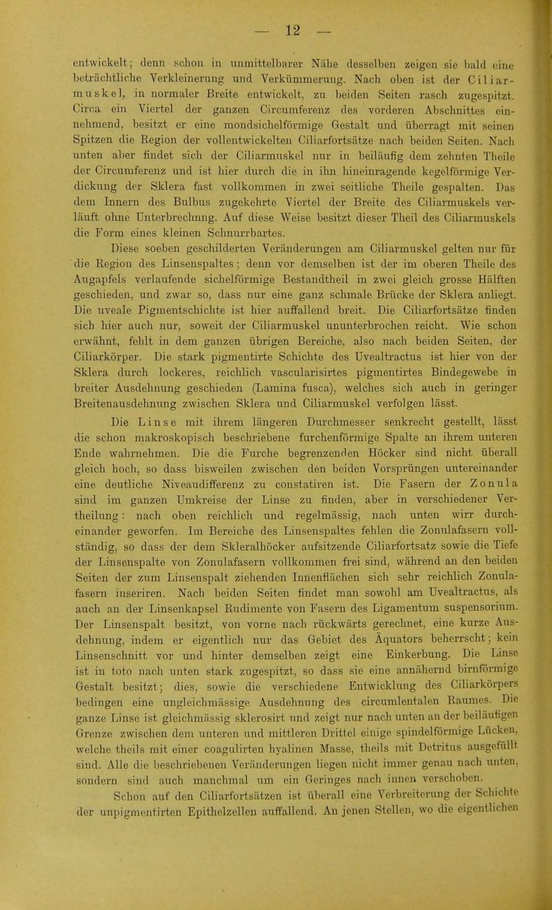 entwickelt; denn schon in unmittelbarer Nähe desselben /.eigen sie bald eine beträchtliche Verkleinerung und Verkümmerung. Nach oben ist der Ciliar- muskel, in normaler Breite entwickelt, zu beiden Seiten rasch zugespitzt. Circo, ein Viertel der ganzen Circumferenz des vorderen Abschnittes ein- nehmend, besitzt er eine mondsichelförmige Gestalt und überragt mit seinen Spitzen die Region der vollentwickelten Ciliarfortsätze nach beiden Seiten. Nach unten aber findet sich der Ciliarmuskel nur in beiläufig dem zehnten Tlieile der Circumferenz und ist hier durch die in ihn hineinragende kegelförmige Ver- dickung der Sklera fast vollkommen in zwei seitliche Theilc gespalten. Das dem Innern des Bulbus zugekehrte Viertel der Breite des Ciliarmuskels ver- läuft ohne Unterbrechung. Auf diese Weise besitzt dieser Theil des Ciliarmuskels die Form eines kleinen Schnurrbartes. Diese soeben geschilderten Veränderungen am Ciliarmuskel gelten nur für die Region des Linsenspaltes; denn vor demselben ist der im oberen Theile des Augapfels verlaufende sichelförmige Bestandtheil in zwei gleich grosse Hälften geschieden, und zwar so, dass nur eine ganz schmale Brücke der Sklera anliegt. Die uveale Pigmentschichte ist hier auffallend breit. Die Ciliarfortsätze finden sich hier auch nur, soweit der Ciliarmuskel ununterbrochen reicht. Wie schon erwähnt, fehlt in dem ganzen übrigen Bereiche, also nach beiden Seiten, der Ciliarkörper. Die stark pigmentirte Schichte des Uvealtractus ist hier von der Sklera durch lockeres, reichlich vascularisirtes pigmentirtes Bindegewebe in breiter Ausdehnung geschieden (Lamina fusca), welches sich auch in geringer Breitenausdehnung zwischen Sklera und Ciliarmuskel verfolgen lässt. Die Linse mit ihrem längeren Durchmesser senkrecht gestellt, lässt die schon makroskopisch beschriebene furchenförmige Spalte an ihrem unteren Ende wahrnehmen. Die die Furche begrenzenden Höcker sind nicht überall gleich hoch, so dass bisweilen zwischen den beiden Vorsprüngen untereinander eine deutliche Niveaudifferenz zu constatiren ist. Die Fasern der Zonula sind im ganzen Umkreise der Linse zu finden, aber in verschiedener Ver- keilung : nach oben reichlich und regelmässig, nach unten wirr durch- einander geworfen. Im Bereiche des Linsenspaltes fehlen die Zonulafasern voll- ständig, so dass der dem Skleralhöcker aufsitzende Ciliarfortsatz sowie die Tiefe der Linsenspalte von Zonulafasern vollkommen frei sind, während an den beiden Seiten der zum Linsenspalt ziehenden Innenflächen sich sehr reichlich Zonula- fasern inseriren. Nach beiden Seiten findet man sowohl am Uvealtractus, als auch an der Linsenkapsel Rudimente von Fasern des Ligamentum Suspensorium. Der Linsenspalt besitzt, von vorne nach rückwärts gerechnet, eine kurze Aus- dehnung, indem er eigentlich nur das Gebiet des Äquators beherrscht: kein Linsenschnitt vor und hinter demselben zeigt eine Einkerbung. Die Linse ist in toto nach unten stark zugespitzt, so dass sie eine annähernd bimförmige Gestalt besitzt; dies, sowie die verschiedene Entwicklung des Ciliarkörpers bedingen eine ungleichmässige Ausdehnung des circumlentalen Raumes. Die ganze Linse ist glcichmässig sklerosirt und zeigt nur nach unten an der beiläufigen Grenze zwischen dem unteren und mittleren Drittel einige spindelförmige Lücken, welche theils mit einer coagulirten hyalinen Masse, theils mit Detritus ausgefüllt sind. Alle die beschriebenen Veränderungen liegen nicht immer genau nach unten, sondern sind auch manchmal um ein Geringes nach innen verschoben. Schon auf den Ciliarfortsätzen ist überall eine Verbreiterung der Schichte der unpigmentirten Epithelzcllen auffallend. An jenen Stellen, wo die eigentlichen