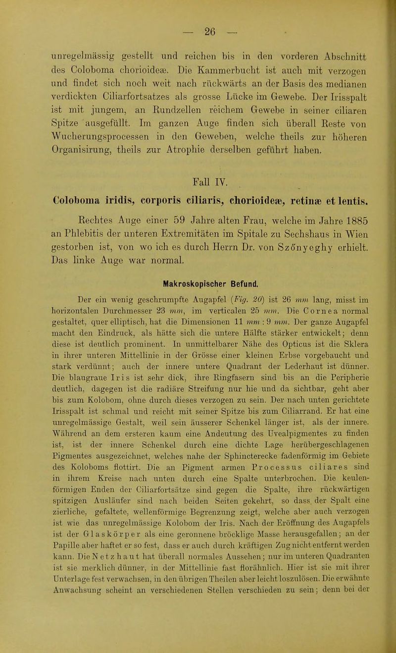 unregelmässig gestellt und reichen bis in den vorderen Abschnitt des Coloboma chorioidea;. Die Kammerbucht ist auch mit verzogen und findet sich noch weit nach rückwärts an der Basis des medianen verdickten Ciliarfortsatzes als grosse Lücke im Gewebe. Der Irisspalt ist mit jungem, an Rundzellen reichem Gewebe in seiner ciliaren Spitze ausgefüllt, Im ganzen Auge finden sich überall Reste von Wucherungsprocessen in den Geweben, welche theils zur höheren Organisirung, theils zur Atrophie derselben geführt haben. Fall IV. Coloboma iridis, corporis ciliaris, chorioidese, retinae et lentis. Rechtes Auge einer 59 Jahre alten Frau, welche im Jahre 1885 an Phlebitis der unteren Extremitäten im Spitale zu Sechshaus in Wien gestorben ist, von wo ich es durch Herrn Dr. von Szo'nyeghy erhielt. Das linke Auge war normal. Makroskopischer Befund. Der ein wenig geschrumpfte Augapfel {Fig. 20) ist 26 mm lang, misst im horizontalen Durchmesser 23 m/M, im verticalen 25 mm. Die Cornea normal gestaltet, quer elliptisch, hat die Dimensionen 11 mm :9 mm. Der ganze Augapfel macht den Eindruck, als hätte sich die untere Hälfte stärker entwickelt; denn diese ist deutlich prominent. In unmittelbarer Nähe des Opticus ist die Sklera in ihrer unteren Mittellinie in der Grösse einer kleinen Erbse vorgebaucht uud stark verdünnt; auch der innere untere Quadrant der Lederhaut ist dünner. Die blaugraue Iris ist sehr dick, ihre Ringfasern sind bis an die Peripherie deutlich, dagegen ist die radiäre Streifung nur hie und da sichtbar, geht aber bis zum Kolobom, ohne durch dieses verzogen zu sein. Der nach unten gerichtete Irisspalt ist schmal und reicht mit seiner Spitze bis zum Ciliarrand. Er hat eine unregelmässige Gestalt, weil sein äusserer Schenkel länger ist, als der innere. Während an dem ersteren kaum eine Andeutung des Uvealpigmentes zu finden ist, ist der innere Schenkel durch eine dichte Lage herübergeschlagenen Pigmentes ausgezeichnet, welches nahe der Sphincterecke fadenförmig im Gebiete des Koloboms flottirt. Die an Pigment armen Processus ciliares sind in ihrem Kreise nach unten durch eine Spalte unterbrochen. Die keulen- förmigen Enden der Ciliarfortsätze sind gegen die Spalte, ihre rückwärtigen spitzigen Ausläufer sind nach beiden Seiten gekehrt, so dass. der Spalt eine zierliche, gefaltete, wellenförmige Begrenzung zeigt, welche aber auch verzogen ist wie das unregelmässige Kolobom der Iris. Nach der Eröffnung des Augapfels ist der Glaskörper als eine geronnene bröcklige Masse herausgefallen; an der Papille aber haftet er so fest, dass er auch durch kräftigen Zug nicht entfernt werden kann, Die X e I ■/. Ii a u t lud überall normales Aussehen; nur im unteren Quadranten ist sie merklich dünner, in der Mittellinie fast florähnlich. Hier ist sie mit ihrer Unterlage fest verwachsen, in den übrigen Theilen aber leicht loszulösen. Die erwähnte Anwachsung scheint an verschiedenen Stellen verschieden zu sein; denn bei der