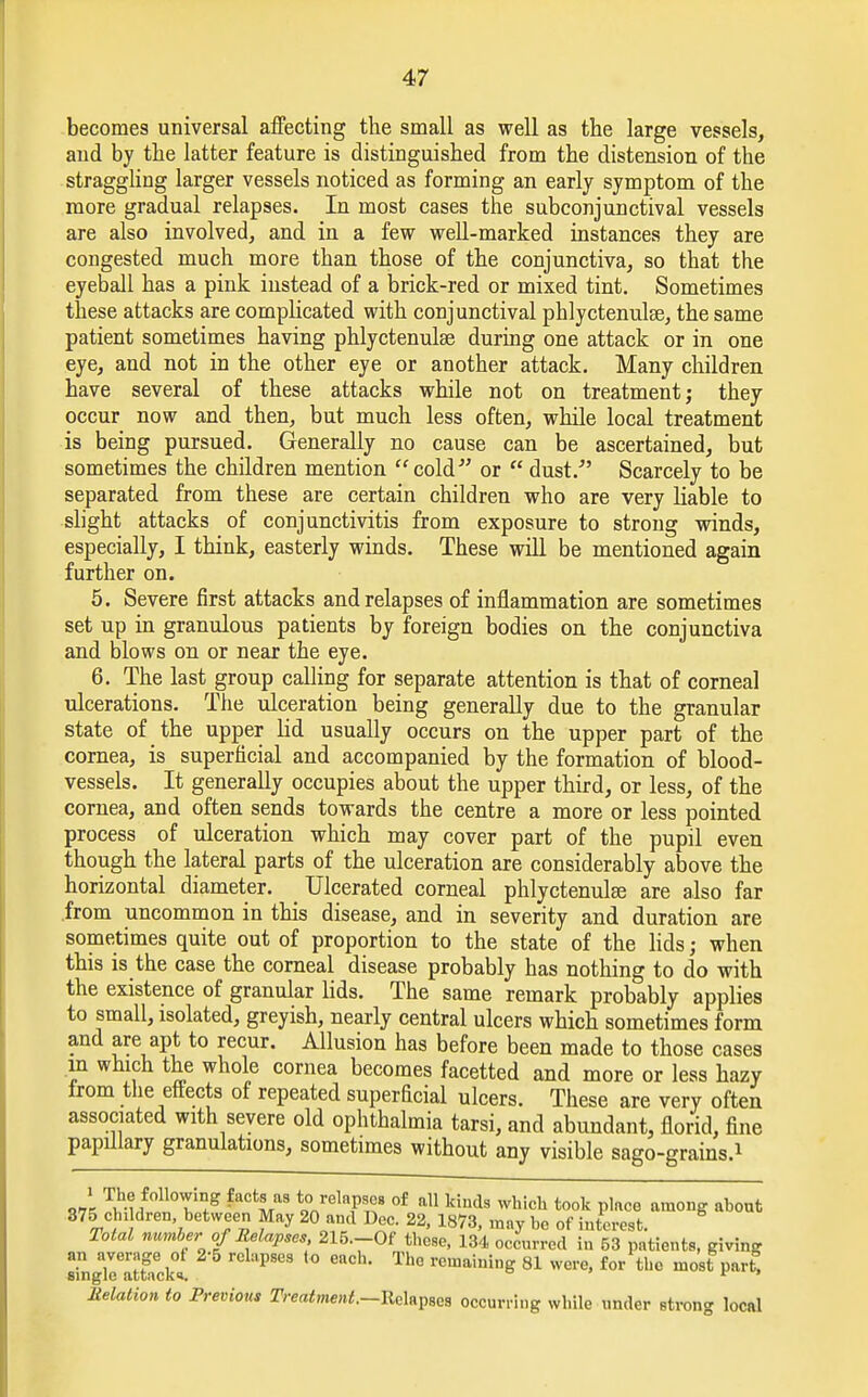 becomes universal affecting the small as well as the large vessels, and by the latter feature is distinguished from the distension of the straggling larger vessels noticed as forming an early symptom of the more gradual relapses. In most cases the subconjunctival vessels are also involved, and in a few well-marked instances they are congested much more than those of the conjunctiva, so that the eyeball has a pink instead of a brick-red or mixed tint. Sometimes these attacks are complicated with conjunctival phlyctenulse, the same patient sometimes having phlyctenulse during one attack or in one eye, and not in the other eye or another attack. Many children have several of these attacks while not on treatment; they occur now and then, but much less often, while local treatment is being pursued. Generally no cause can be ascertained, but sometimes the children mention cold or  dust. Scarcely to be separated from these are certain children who are very liable to slight attacks of conjunctivitis from exposure to strong winds, especially, I think, easterly winds. These will be mentioned again further on. 5. Severe first attacks and relapses of inflammation are sometimes set up in granulous patients by foreign bodies on the conjunctiva and blows on or near the eye. 6. The last group calling for separate attention is that of corneal ulcerations. The ulceration being generally due to the granular state of the upper lid usually occurs on the upper part of the cornea, is superficial and accompanied by the formation of blood- vessels. It generally occupies about the upper third, or less, of the cornea, and often sends towards the centre a more or less pointed process of ulceration which may cover part of the pupil even though the lateral parts of the ulceration are considerably above the horizontal diameter. Ulcerated corneal phlyctenulse are also far from uncommon in this disease, and in severity and duration are sometimes quite out of proportion to the state of the lids; when this is the case the corneal disease probably has nothing to do with the existence of granular lids. The same remark probably applies to small, isolated, greyish, nearly central ulcers which sometimes form and are apt to recur. Allusion has before been made to those cases in which the whole cornea becomes facetted and more or less hazy from the effects of repeated superBcial ulcers. These are very often associated with severe old ophthalmia tarsi, and abundant, florid, fine papillary granulations, sometimes without any visible sago-grains.* Jk T.h.°follo™°& ?act* as *° relapsM of all kinds which took place among about 875 children, between May 20 and Dec. 22, 1873, may be of interest. Total number of Relapses 215.-Of these, 134 occurred in 53 patients, giving IlngTattacki 63 ' Th° remainin& 81 we> £or tllc most part, Relation to Previous Treatment.-Relapses occurring while under strong local