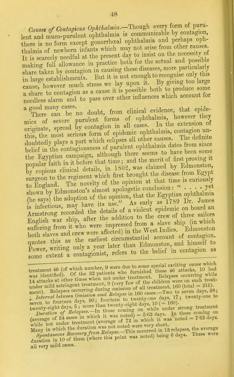 Causes of Contagious Ophthalmia.-Though every form of puru- lent and muco-purulent ophthalmia is communicable by contagion, there I no form except gonorrheal ophthalmia and perhaps oph- tha m a of newborn infants which may not arise from other causes Tt is scarcely needful at the present day to insist on the necessity of making fui^aUowance in practice both for the actual and possible Tare taken by contagion in causing these diseases, more particularly hflarse establishments. But it is not enough to recognise only this cans^S however much stress we lay upon it By givmg too large a Ee tcTcontagion as a cause it is possible both to produce some needless alaim and to pass over other influences which account for agTtremSiCbeSno doubt, from clinical evidence that epide; mic? of severe purulent forms of ^^J^^^ popular faith m it be tore iat , ^ EdmonstoI1) both .laves •^^^tS.lStSir.f contagion, rwriting onTy a Tear late than Edmonrton, and himself to under mild astringent treatment, 9 (very lew• 01j t 160 (tot(li = 215). ment). Relapses occurring dunngo— rf*^S*. to seven days, 38; r I.i^f ^O^.^^S'S^ty^ne days, 17, twenty-one to SaSSSS Kft^^^ZT^e treatment jfeS W„6 6 d.^ Xh«. w«. all very mild cases.