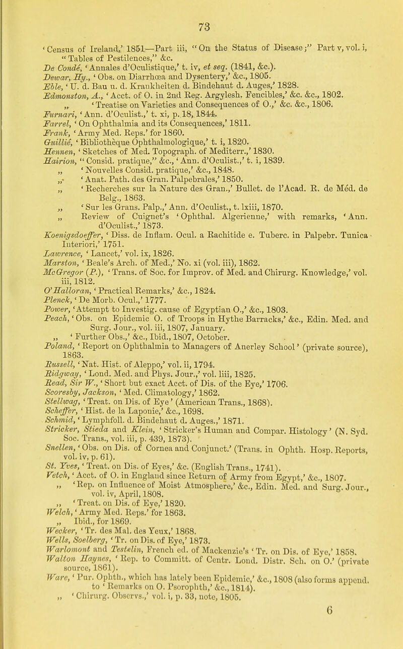 ' Census of Ireland,' 1851—Part iii,  On the Status of Disease; Part v, vol. i,  Tables of Pestilences, &c. De Cond4, ' Annales d'Oculistique/ t. iv, et seq. (1841, &c). Deioar, Sy., ' Obs. on Diarrhoea and Dysentery/ &c, 1805. HMe,' TJ. d. Bau u. d. Krankheiten d. Bindehaut d. Auges/ 1828. Fdmonston, A., ' Acct. of 0. in 2nd Eeg. Argylesh. Fencibles/ &c. &c, 1802. „ ' Treatise on Varieties and Consequences of 0.,' &c. &c, 1806. Furnari, ' Ann. d'Oculist.,' t. xi, p. 18,1844. Farrel, ' On Ophthalmia and its Consequences,' 1811. Frank, ' Army Med. Reps.' for 1860. Guillie, ' Bibliotheque Ophthalmologique/ t. i, 1820. Sennen, ' Sketches of Med. Topograph, of Mediterr.,' 1830. Hairion,  Consid. pratique, &c,' Ann. d'Oculist.,' t. i, 1839. „ ' Nouvelles Consid. pratique,' &c, 1848. „• ' Anat. Path, des Gran. Palpebrales/ 1850. „ ' Recherches sur la Nature des Gran.,' Bullet, de l'Acad. R. de Med. de Belg., 1863. „ ' Sur les Grans. Palp.,' Ann. d'Oculist., t. lxiii, 1870. „ Review of Cuignet's 1 Ophthal. Algerienne,' with remarks, ' Ann. d'Oculist.,' 1873. Koenigsdoeffer, ' Diss, de Inflam. Ocul. a Rachitide e. Tuberc. in Palpebr. Tunica ■ Interiori,' 1751. Laiorenoe, ' Lancet,' vol. ix, 1826. Marston, ' Beale's Arch, of Med.,' No. xi (vol. iii), 1862. McGregor (P.), ' Trans, of Soc. for Improv. of Med. and Chirurg. Knowledge,' vol. iii, 1812. 0'Halloran,' Practical Remarks,' &c, 1824. Flench,' De Morb. Ocul.,' 1777. Potver, 'Attempt to Investig. cause of Egyptian 0.,' &c, 1803. Peach,' Obs. on Epidemic 0. of Troops in Hythe Barracks,' &c, Edin. Med. and Surg. Jour., vol. iii, 1807, January. „ ' Further Obs.,' &c, Ibid., 1807, October. Poland, 'Report on Ophthalmia to Managers of Anerley School' (private source), 1863. Russell, 'Nat. Hist, of Aleppo/ vol. ii, 1794. Ridgway, ' Lond. Med. and Phys. Jour./ vol. liii, 1825. Bead, Sir W.,' Short but exact Acct. of Dis. of the Eye/ 1706. Scoresby, Jackson, ' Med. Climatology/ 1862. Stellwag, ' Treat, on Dis. of Eye' (American Trans., 1868). Scheffer, ' Hist, de la Lapouie/ &c, 1698. Schmid,' Lymphfoll. d. Bindehaut d. Auges.,' 1871. Strieker, Stieda and Klein, ' Strieker's Human and Compar. Histology' CN Syd Soc. Trans., vol. iii, p. 439,1873). Snellen,' Obs. on Dis. of Cornea and Conjunct.' (Trans, in Ophth. Hosp. Renorts. vol. iv, p. 61). St. Tves,' Treat, on Dis. of Eyes/ &c. (English Trans., 1741). Fetch,' Acct. of 0. in England since Return of Army from Egypt/ &c, 1807. „ 'Rep. on Influence of Moist Atmosphere/ &c, Edin. Med. and Surg. Jour., vol. iv, April, 1808. „ ' Treat, oil Dis. of Eye/ 1820. Welch,' Army Med. Reps.'for 1863. „ Ibid., for 1869. Wecker, ' Tr. des Mai. des Yeux/ 1868. Wells, Soelberg, ' Tr. on Dis. of Eye/ 1873. Warlomont and Testelin, French ed. of Mackenzie's ' Tr. on Dis. of Eye/ 1858. Walton ITaynes, ' Rep. to Committ. of Centr. Loud. Distr. Sell, on O.' fnrivate source, 1861). u Ware,' Pur. Ophth., which has lately been Epidemic/ &c, 1808 (also forms append, to ' Remarks on O. Psorophth/ &c, 1814). „ * Chirurg. Obscrvs./ vol. i, p. 33, note, 1805. 6