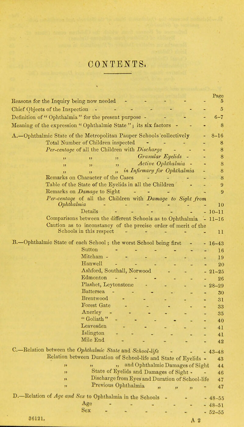 CONTENTS, Eeasons for the Inquiry being now needed ----- 5 Chief Objects of the Inspection - - - - - - -5 Definition of Ophthalmia  for the present purpose - - - - 6-7 Meaning of the expression  Ophthalmic State ; its six factors - 8 A. —Ophthalmic State of the Metropolitan Pauper Schools collectively - 8-16 Total Number of Children inspected 8 Per-centage of all the Children with Discharge _ - - 8 „ „ „ Granular Eyelids - - 8 „ „ Active Ophthalmia - - 8 „ „ „ in Infirmary for Ophthalmia - 8 Eemarks on Character of the Cases 8 Table of the State of the Eyelids in all the Children 9 Eemarks on Damage to Sight - 9 Per-centage of all the Children with Damage to Sight from Ophthalmia - - - - - _io Details - - - - - 10-11 Comparisons between the different Schools as to Ophthalmia - 11-16 Caution as to inconstancy of the precise order of merit of the Schools in this respect - - - - - 11 B. —Ophthalmic State of each School; the worst School being first - - 16-43 Sutton - - - --_i6 Mitcham - - - - _ -19 Hanwell - - - _ - 20 Ashford, Southall, Norwood - 21-25 Edmonton - - - - - - 26 Plashet, Leytonstone - 28-29 Battersea - - - . _ . 30 Brentwood - - . _ - 31 Forest Gate - _ - - - 33 Anerley - - . _ - 35  Goliath 40 Leavesden - - . _ _ 41 Islington - - _ _ . _ 41 Mile End - - _ - - 42 C—Eolation between the Ophthalmic State and School-life - - - 43-48 Eolation between Duration of School-life and State of Eyelids - 43 » » » and Ophthalmic Damages of Sight 44 11 State of Eyelids and Damages of Sight - - 46 „ Discharge from Eyes and Duration of School-life 47 ,. Previous Ophthalmia „ „ „ - 47 D.—Eolation of Age and Sex to Ophthalmia in the Schools - - - 48-55 Age - - - ... 48-51 36121. Sex - 52-55 A 8