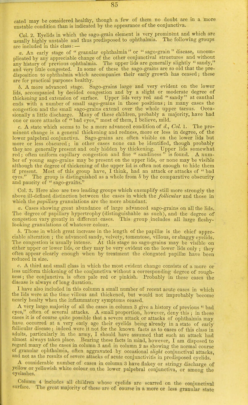 unstable condition than is indicated by the appearance of the conjunctiva. Col. 2. Eyelids in which the sago-grain element is very prominent and which are usually highly unstable and thus predisposed to ophthalmia. The following groups are included in this class: — a. An early stage of  granular ophthalmia  or  sago-grain  disease, uncom- plicated by any appreciable change of the other conjunctival structures and without any history of previous ophthalmia. The upper lids are generally slightly  sandy, and very little congested. In some of these the sago-grains are so old that the pre- disposition to ophthalmia which accompanies their early growth has ceased; these are for practical purposes healthy. b. A more advanced stage. Sago-grains large and very evident on the lower lids, accompanied by decided congestion and by a slight or moderate degree of thickening and extension of surface. Upper lids very red and sandy at canthal ends with a number of small sago-grains in those positions; in many cases the congestion and the small sago-grains extend over the whole upper tarsus. Occa- sionally a little discharge. Many of these children, probably a majority, have had one or more attacks of  bad eyes, most of them, I believe, mild. c. A state which seems to be a more advanced condition of d., Col. 1. The pro- minent change is a general thickening and redness, more or less in degree, of the lower palpebral conjunctiva. Sago-grains are often visible on the lower lids but more or less obscured; in other cases none can be identified, though probably they are generally present and only hidden by thickening. Upper lids somewhat red; often uniform capillary congestion and fine  sandiness  is found. A num- ber of young sago-grains may be present on the upper lids, or none may be visible although the degree of thickening of the upper lid is often not enough to hide them if present. Most of this group have, I think, had an attack or attacks of  bad eyes. The group is distinguished as a whole from b by the comparative obscurity and paucity of  sago-grains. Col. 3. Here also are two leading groups which exemplify still more strongly the above ill-defined distinction between the cases in which the follicular and those in which the papillary granulations are the more abundant. a. Cases showing great abundance of large advanced sago-grains on all the lids. The degree of papillary hypertrophy (distinguishable as such), and the degree of congestion vary greatly in different cases. This group includes all large fleshy- looking granulations of whatever colour. b. Those in which great increase in the length of the papilla? is the chief appre- ciable alteration ; the advanced sandy, velvety, tomentose, villous, or shaggy eyelids. The congestion is usually intense. At this stage no sago-grains may be visible on either upper or lower lids, or they may be very evident on the lower lids only ; they often appear clearly enough when by treatment the elongated papilla; have been reduced in size. c. A third and small class in which the most evident change consists of a more or less uniform thickening of the conjunctiva without a corresponding degree of rough- ness; the conjunctiva is often pale red or pinkish. Probably in these cases the disease is always of long duration. I have also included in this column a small number of recent acute cases in which the lids were at the time villous and thickened, but would not improbably become nearly healty when the inflammatory symptoms ceased. A very large majority of all the cases in column 3 give a history of previous  bad eyes, often of several attacks. A small proportion, however, deny this ; in these cases it is of course quite possible that a severe attack or attacks of ophthalmia may have occurred at a very early age their eyelids being already in a state of early follicular disease ; indeed were it not for the known facts as to cases of this class in adults, particularly in the army, I should have assumed that such an attack had almost always taken place. Bearing these facts in mind, however, I am disposed to regard many of the cases in column 3 and in column 2 as showing the normal course of granular ophthalmia, often aggravated by occasional slight conjunctival attacks, and not as the results of severe attacks of acute conjunctivitis in predisposed eyelids. A considerable number of cases in column 3 have flakey or stringy discharge of yellow or yellowish white colour on the lower palpebral conjunctiva, or among the eyelashes. Column 4 includes all children whose eyelids are scarred on the conjunctival surface. The great majority of these arc of course in a more or less granular state