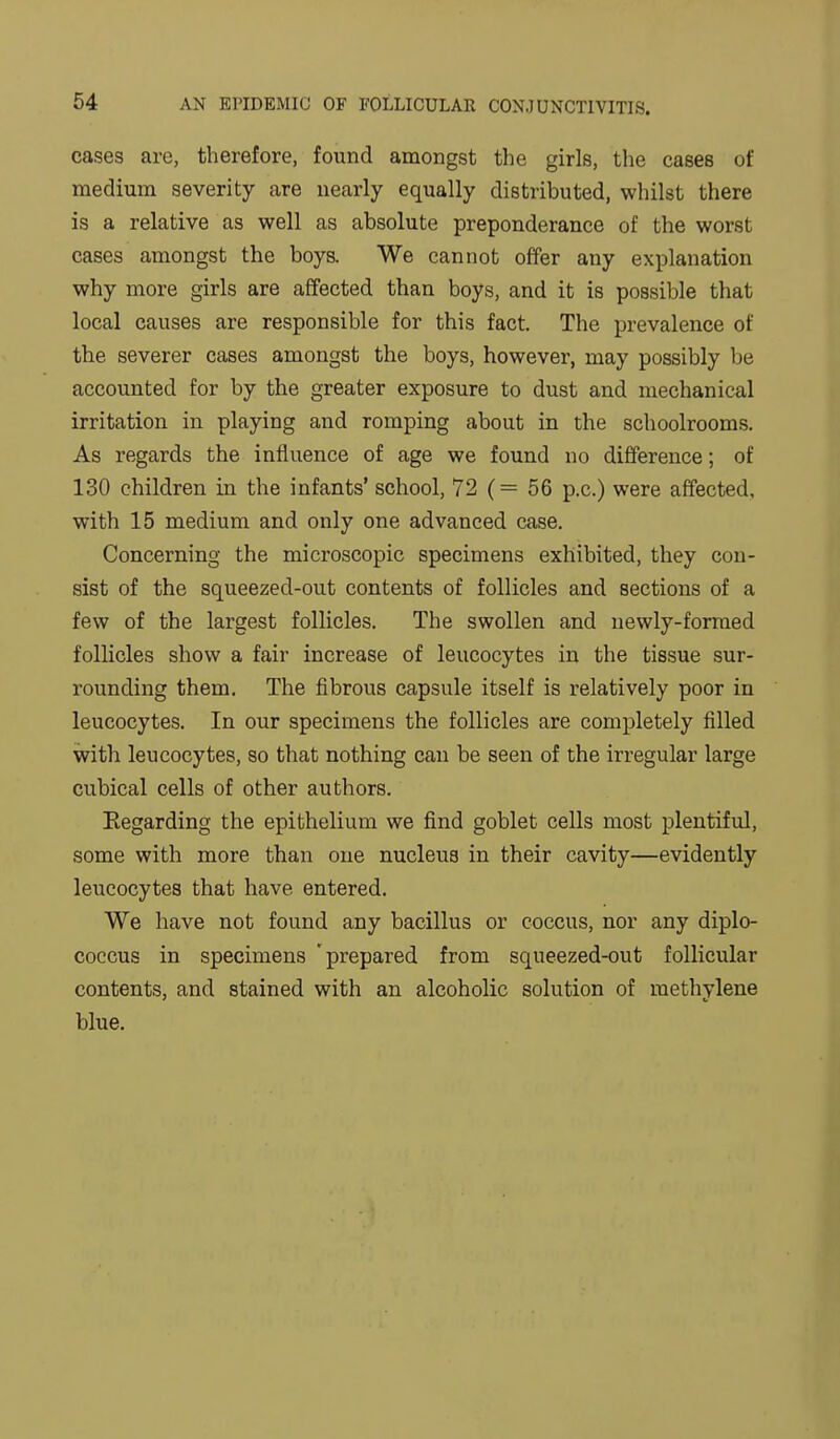 cases arc, therefore, found amongst the girls, the cases of medium severity are nearly equally distributed, whilst there is a relative as well as absolute preponderance of the worst cases amongst the boys. We cannot offer any explanation why more girls are affected than boys, and it is possible that local causes are responsible for this fact. The prevalence of the severer cases amongst the boys, however, may possibly be accounted for by the greater exposure to dust and mechanical irritation in playing and romping about in the schoolrooms. As regards the influence of age we found no difference; of 130 children in the infants' school, 72 (= 56 p.c.) were affected, with 15 medium and only one advanced case. Concerning the microscopic specimens exhibited, they con- sist of the squeezed-out contents of follicles and sections of a few of the largest follicles. The swollen and newly-formed follicles show a fair increase of leucocytes in the tissue sur- rounding them. The fibrous capsule itself is relatively poor in leucocytes. In our specimens the follicles are completely filled with leucocytes, so that nothing can be seen of the irregular large cubical cells of other authors. Regarding the epithelium we find goblet cells most plentiful, some with more than one nucleus in their cavity—evidently leucocytes that have entered. We have not found any bacillus or coccus, nor any diplo- coccus in specimens 'prepared from squeezed-out follicular contents, and stained with an alcoholic solution of methylene blue.