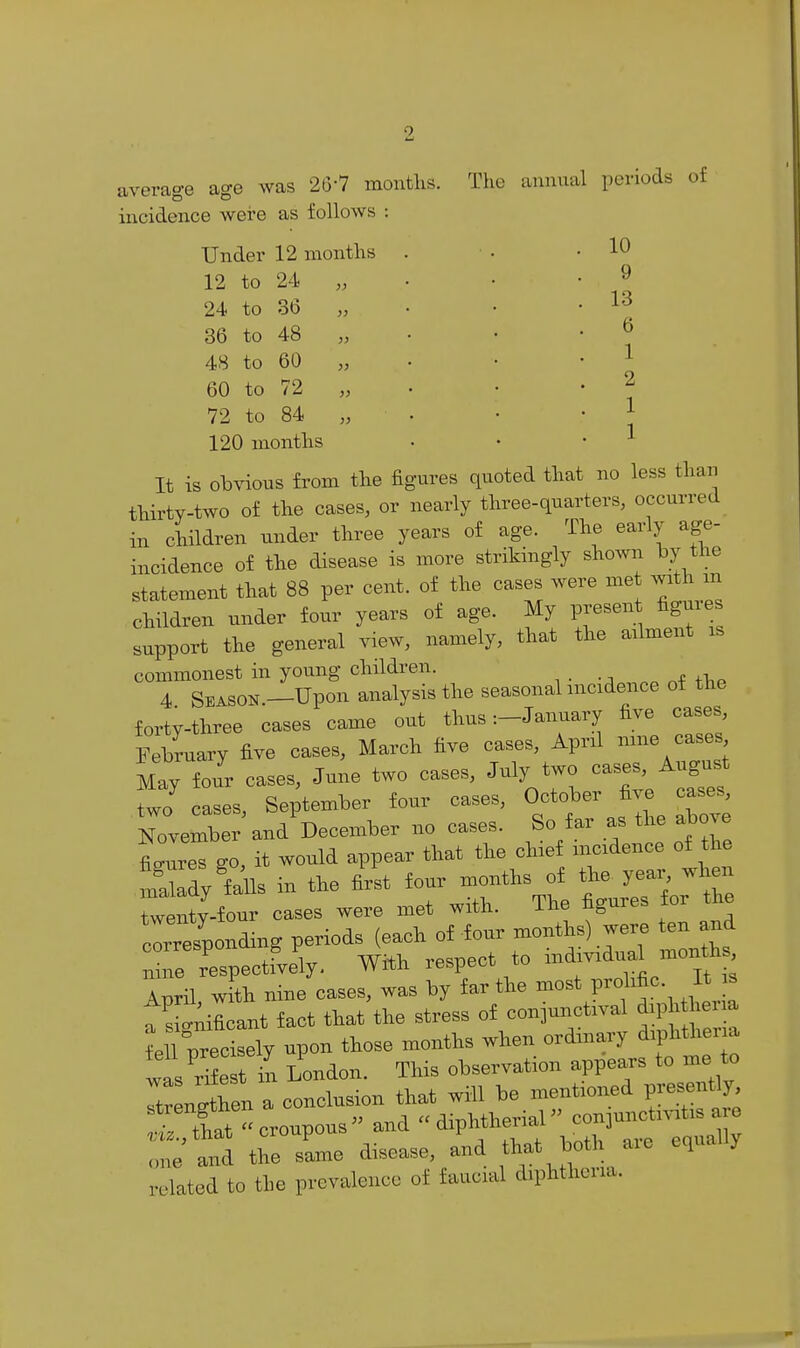 average age was 2G-7 months. The annual periods of incidence were as follows : Under 12 months 12 to 24 „ 24 to 36 36 to 48 48 to 60 60 to 72 „ 72 to 84 „ 120 months 10 9 13 6 1 2 1 1 It is obvious from the figures quoted that no less than thirty-two of the cases, or nearly three-quarters, occurred in children under three years of age. The early age- incidence of the disease is more strikingly showii by the statement that 88 per cent, of the cases were met mth m children under four years of age. My presen figures support the general view, namely, that the ailment is commonest in young children. _ ^4= ^i^p 4 Season.—Upon analysis the seasonal incidence of the forty-three cases came out thus:-January five cases, February five cases, March five cases, April nine cases May foir cases, June two cases, July two cases August two' cases, September four cases, O^^ober fi.e cases November and December no cases. So far as the above figures go, it would appear that the chief incidence of the Sady^feils in the first ^ — ^^1:^. Te respectively. With respect to individual mon^s April with nine cases, was by far the most prolific. It s a si^;ircant fact that the stress of conjunctival diphtheria feKecisely upon those months when ordinary diphtheria was r' est in London. This observation appears to me to r ngthen a conclusion that will be mentioned presently croupous^' and ^'^^^^'^^^ .,ne and the same disease, and ^ related to the prevalence of faucial diphthcua.