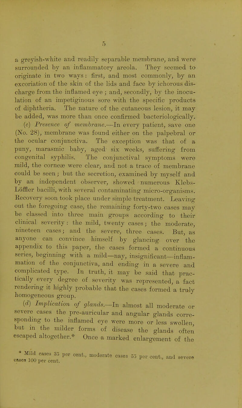 a greyisli-wldte and i-eadily separable meiuLrane, and were surrounded by an inflammatory areola. They seemed to originate in two ways : first, and most commonly, by an excoriation of the skin of the lids and face by ichorous dis- charge from the inflamed eye ; and, secondly, by the inocu- lation of an impetiginous sore with the specific products of diphtheria. The nature of the cutaneous lesion, it may be added, was more than once confirmed bacteriologically. (c) Presence of membrane.—In every patient, save one (No. 28), membrane was found either on the palpebral or the ocular conjunctiva. The exception was that of a puny, marasmic baby, aged six weeks, suffering from congenital syphilis. The conjunctival symptoms were mild, the corne^e were clear, and not a trace of membrane could be seen; but the secretion, examined by myself and by an independent observer, showed numerous Klebs- Lofiler bacilli, with several contaminating micro-organisms. Eecovery soon took place under simple treatment. Leaving out the foregoing case, the remaining forty-two cases may be classed into three main groups according to their clinical severity: the mild, twenty cases; the moderate, nineteen cases; and the severe, three cases. But, as anyone can convince himself by glancing over the appendix to this paper, the cases formed a continuous series, beginning with a mild—nay, insignificant—inflam- mation of the conjunctiva, and ending in a severe and complicated type. In truth, it may be said that prac- tically every degree of severity was represented, a fact rendering it highly probable that the cases formed a truly homogeneous group. {d) Implication of glands.~hv almost all moderate or severe cases the pre-auricular and angular glands corre- sponding to the inflamed eye were more or less swollen, but in the milder forms of disease the glands often escaped altogether.* Once a marked enlargement of the * Mild cases 33 per cent., moderate cases 33 per cent., and severe cases 100 per cent. V