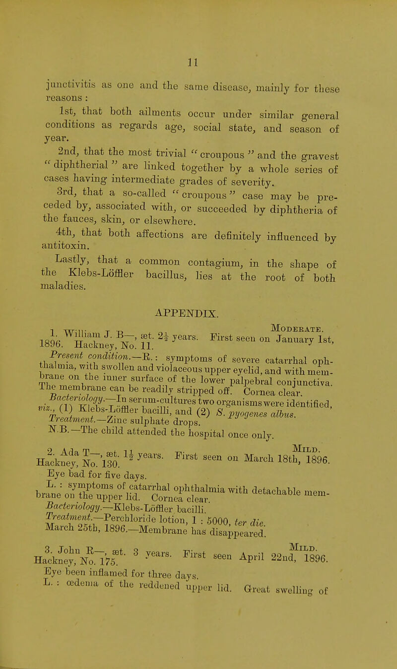 jiinctivitis as one and the same disease, mainly for these reasons : 1st, that both ailments occur under similar general conditions as regards age, social state, and season of year. 2nd, that the most trivial  croupous  and the gravest  diphtherial  are linked together by a whole series of cases having intermediate grades of severity. 3rd, that a so-called  croupous case may be pre- ceded by, associated with, or succeeded by diphtheria of the fauces, skin, or elsewhere. 4th, that both affections are definitely influenced by antitoxin. Lastly, that a common contagium, in the shape of the Klebs-Ldffler bacillus, lies at the root of both maladies. APPENDIX. Isle^uTSnlyX: U. ^-^^ '^^^'^'^ '''' Present symptoms of severe catarrhal oph- thalmia, with swollen aud violaceous upper eyelid, and with mem- brane on the inner surface of the lo^er palpebral conjunct va The membrane can be readily stripped off' Cornea clear. mWl r'SjT organisms were identified, ri ^'f(2) 8. pyogenes alhus. Treatment.~Zmc sulphate drops. N.B. -The child attended the hospital once only. Hackney! Nam ^'^ ^^'^ ^^^'^^ 18thf ^96. Eye bad for five days. .Bac^erioZoj/T/.—Klebs-Lofiler bacilli ^reatozejzi.—Perchloride lotion, 1 : 5000 ter diP March 25th, 1896.-Membrane has disappeaxtd. HackJey,^^^^^^^^ ' -n April 22ndfl?96. Eye been inflamed for three days L. : oedema of the reddened upper lid. Great swellinc. of