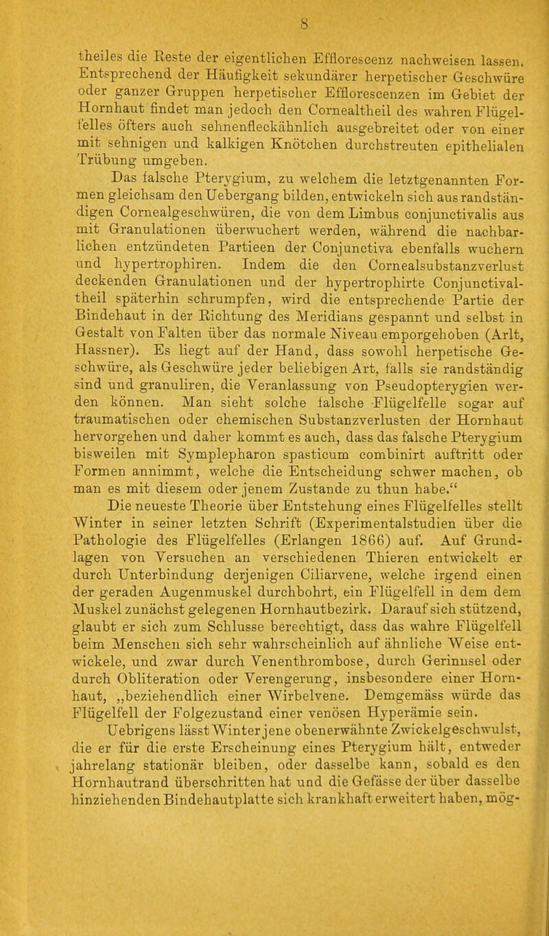 theiles die Eeste der eigentlichen Effloresoenz nachweisen lassen. Entsprechend der Häufigkeit sekundärer herpetischer Geschwüre oder ganzer Gruppen herpetischer Efflorescenzen im Gebiet der Hornhaut findet man jedoch den Cornealtheil des wahren Flügel- telles öfters auch sehnenfleckähnlich ausgebreitet oder von einer mit sehnigen und kalkigen Knötchen durchstreuten epithelialen Trübung umgeben. Das falsche Pterygium, zu welchem die letztgenannten For- men gleichsam den Uebergang bilden, entwickeln sich aus randstän- digen Cornealgeschwüren, die von demLimbus conjunctivalis aus mit Granulationen überwuchert werden, während die nachbar- lichen entzündeten Partieen der Conjunctiva ebenfalls wuchern und hypertrophiren. Indem die den Cornealsubstanzverlust deckenden Granulationen und der hypertrophirte Conjunctival- theil späterhin schrumpfen, wird die entsprechende Partie der Bindehaut in der Bichtung des Meridians gespannt und selbst in Gestalt von Falten über das normale Niveau emporgehoben (Arlt, Hassner). Es liegt auf der Hand, dass sowohl herpetische Ge- schwüre, als Geschwüre jeder beliebigen Art, falls sie randständig sind und granuliren, die Veranlassung von Pseudopterygien wer- den können. Man sieht solche falsche Flügelfelle sogar auf traumatischen oder chemischen Substanzverlusten der Hornhaut hervorgehen und daher kommt es auch, dass das falsche Pterygium bisweilen mit Symplepharon spasticum combinirt auftritt oder Formen annimmt, welche die Entscheidung schwer machen, ob man es mit diesem oder jenem Zustande zu thun habe. Die neueste Theorie über Entstehung eines Flügelfelles stellt Winter in seiner letzten Schrift (Experimentalstudien über die Pathologie des Flügelfelles (Erlangen 1866) auf. Auf Grund- lagen von Versuchen an verschiedenen Thieren entwickelt er durch Unterbindung derjenigen Ciliarvene, welche irgend einen der geraden Augenmuskel durchbohrt, ein Flügelfell in dem dem Muskel zunächst gelegenen Hornhautbezirk. Darauf sich stützend, glaubt er sich zum Schlüsse berechtigt, dass das wahre Flügelfell beim Menschen sich sehr wahrscheinlich auf ähnliche Weise ent- wickele, und zwar durch Venenthrombose, durch Gerinnsel oder durch Obliteration oder Verengerung, insbesondere einer Horn- haut, „beziehendlich einer Wirbelvene. Demgemäss würde das Flügelfell der Folgezustand einer venösen Hyperämie sein. Uebrigens lässt Winter jene obenerwähnte Zwickelgeschwulst, die er für die erste Erscheinung eines Pterygium hält, entweder jahrelang stationär bleiben, oder dasselbe kann, sobald es den Hornhautrand überschritten hat und die Gefässe der über dasselbe hinziehenden Bindehautplatte sich krankhaft erweitert haben, mög-