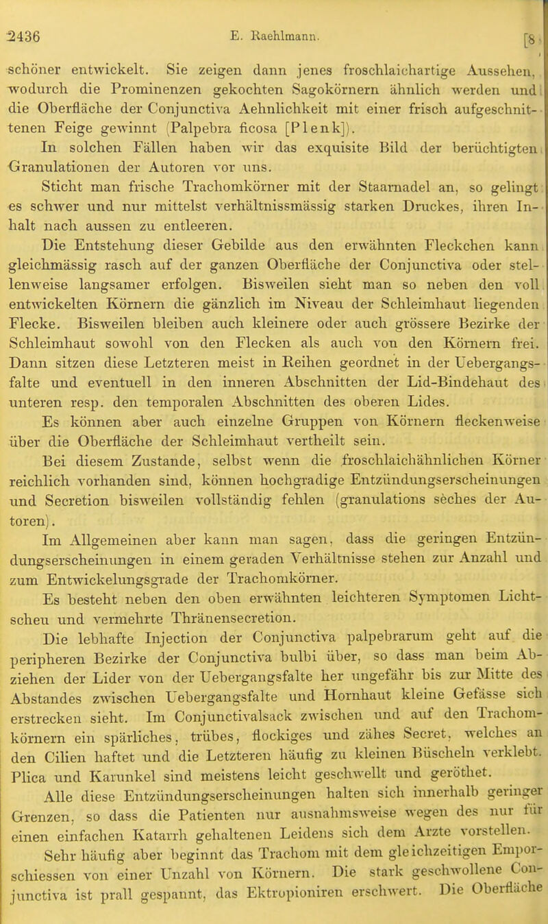 schöner entwickelt. Sie zeigen dann jenes froschlaichartige Aussehen, wodurch die Prominenzen gekochten Sagokörnern ähnlich werden und die Oberfläche der Conjunctiva Aehnlichkeit mit einer frisch aufgeschnit- tenen Feige gewinnt (Palpehra ficosa [Plenk]). In solchen Fällen haben wir das exquisite Bild der berüchtigten, Granulationen der Autoren vor uns. Sticht man frische Trachomkörner mit der Staamadel an, so gelingt es schwer und nur mittelst verhältnissmässig starken Druckes, ihren In- halt nach aussen zu entleeren. Die Entstehung dieser Gebilde aus den erwähnten Fleckchen kann gleichmässig rasch auf der ganzen Oberfläcbe der Conjunctiva oder stel- lenweise langsamer erfolgen. Bisweilen sieht man so neben den voll entwickelten Körnern die gänzlich im Niveau der Schleimhaut liegenden Flecke. Bisweilen bleiben auch kleinere oder auch grössere Bezirke der Schleimhaut sowohl von den Flecken als auch von den Körnern frei. Dann sitzen diese Letzteren meist in Reihen geordnet in der Uehergangs- falte und eventuell in den inneren Abschnitten der Lid-Bindehaut desi unteren resp. den temporalen Abschnitten des oberen Lides. Es können aber auch einzelne Gruppen von Körnern fleckenweise über die Oberfläche der Schleimhaut vertheilt sein. Bei diesem Zustande, selbst wenn die Froschlaich ähnlichen Körner reichlich vorhanden sind, können hochgradige Entzündungserscheinungen und Secretion bisweilen vollständig fehlen (granulations seches der Au- toren) . Im Allgemeinen aber kann man sagen, dass die geringen Entzün- dungserscheinungen in einem geraden Verhältnisse stehen zur Anzahl und zum Entwickelungsgrade der Trachomkörner. Es hesteht neben den oben erwähnten leichteren Symptomen Licht- scheu und vermehrte Thränensecretion. Die lebhafte Injection der Conjunctiva palpebrarum geht auf die peripheren Bezirke der Conjunctiva hulbi über, so dass man beim Ab- ziehen der Lider von der Uebergangsfalte her ungefähr bis zur Mitte des Abstandes zwischen Uebergangsfalte und Hornhaut kleine Gefässe sich erstrecken sieht. Im Conjunctivalsack zwischen und auf den Trachom- körnern ein spärliches, trübes, flockiges und zähes Secret. welches an den Cilien haftet und die Letzteren häufig zu kleinen Büscheln verklebt. Plica und Kaiunkel sind meistens leicht geschwellt und geröthet. Alle diese Entzündungserscheinuugen halten sich innerhalb geringer Grenzen, so dass die Patienten nur ausnahmsweise wegen des nur für einen einfachen Katarrh gehaltenen Leidens sich dem Arzte vorstellen. Sehr häufig aber beginnt das Trachom mit dem gleichzeitigen Empor- schiessen von einer Unzahl von Körnern. Die stark geschwollene Con- junctiva ist prall gespannt, das Ektropioniren erschwert. Die Oberfläche