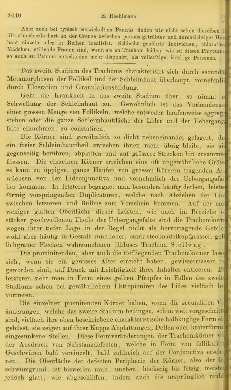 Aber auch bei typisch entwickeltem Pannus finden wir nicht selten dieselben ] filtrationsherde hart an der Grenze zwischen pannös getrübter und durchsichtiger Hoi haut einzeln oder in Reihen localisirt. Schlecht genährte Individuen, chlorotisc Mädchen, stillende Frauen sind, wenn sie an Trachom leiden, wie zu diesen Phlyctäm so auch zu Pannus entschieden mehr disponirt, als vollsaftige, kräftige Personen. Das zweite Stadium des Trachoms charakterisirt sich durch secundä Metamorphosen der Follikel und der Schleimhaut überhaupt, vornehmli durch Ulceration und Granulationsbildving. Geht die Krankheit in das zweite Stadium über, so nimmt c< Schwellung der Schleimhaut zu. Gewöhnlich ist das Vorhanden sc einer grossen Menge von Follikeln, welche entweder haufenweise aggieg. stehen oder die ganze Schleimhautfläche der Lider und der Uebergane. falte einnehmen, zu constatiren. Die Körner sind gewöhnlich so dicht nebeneinander gelagert, de ein freier Schleimhauttheil zwischen ihnen nicht übrig bleibt, sie si gegenseitig berühren, abplatten und auf grössere Strecken hin zusamme fliessen. Die einzelnen Körner erreichen eine oft ungewöhnliche Gross- es kann zu üppigen, ganze Haufen von grossen Körnern tragenden Av wüchsen von der Lidconjunctiva und vornehmlich der Uebergangsfai her kommen. In letzterer begegnet man besonders häufig derben, leiste förmig vorspringenden Duplicaturen, welche nach Abziehen der Lid zwischen letzteren und Bulbus zum Vorschein kommen. Auf der me weniger glatten Oberfläche dieser Leisten, wie auch im Bereiche ä stärker geschwollenen Theile der Uebergangsfalte sind die Trachomkörn wegen ihrer tiefen Lage in der Regel nicht als hervorragende Gebilc wohl aber häufig in Gestalt rundlicher, stark stecknadelkopfgrosser, gel lichgrauer Flecken wahrzunehmen (diffuses Trachom Stellwag). Die prominirenden, aber auch die tiefliegenden Trachomkörner lass- sich, wenn sie ein gewisses Alter erreicht haben, gewissermassen r: geworden sind, auf Druck mit Leichtigkeit ihres Inhaltes entleeren. D letzteren sieht man in Form eines gelben Pfropfes in Fällen des zweit Stadiums schon bei gewöhnlichem Ektropioniren des Lides vielfach h< vortreten. Die einzelnen prominenten Körner haben, wenn die secundären V< änderungen, welche das zweite Stadium bedingen, schon weit vorgeschritt sind, vielfach ihre oben beschriebene charakteristische halbkuglige Form ei gebüsst, sie zeigen auf ihrer Kuppe Abplattungen, Dellen oder kraterförnii eingesunkene Stellen. Diese Formveränderungen der Trachomkörner si: der Ausdruck von Substanzdefecten, welche in Form von follikulär Geschwüren bald vereinzelt, bald zahlreich auf der Conjunctiva ersehn nen. Die Oberfläche der defecten Peripherie der Körner, also der G schwürsgrund, ist bisweilen rauh, uneben, höckerig bis fetzig, meiste jedoch glatt, wie abgeschliffen, indem auch die ursprünglich rauh