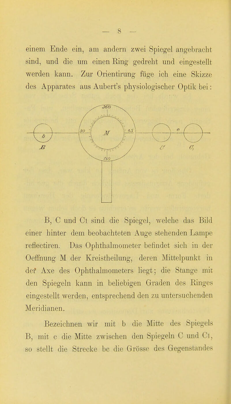 einem Ende ein, am andern zwei Spiegel angebracht sind, und die um einen Ring gedreht und eingestellt werden kann. Zur Orientirung füge ich eine Skizze des Apparates aus Aubert's physiologischer Optik bei: b JB B, C und Gl sind die Spiegel, welche das Bild einer hinter dem beobachteten Auge stehenden Lampe reflectiren. üas Ophthalmometer befindet sich in der Oefibung M der Kreistheilung, deren Mittelpunkt in def Axe des Ophthalmometers liegt; die Stange mic den Spiegeln kann in beliebigen Graden des Ringes eingestellt werden, entsprechend den zu untersuchenden Meridianen. Bezeichnen wir mit b die Mitte des Spiegels B, mit c die Mitte zwischen den Spiegeln C und Gl, so stellt die Strecke bc die Grösse des Gegenstandes