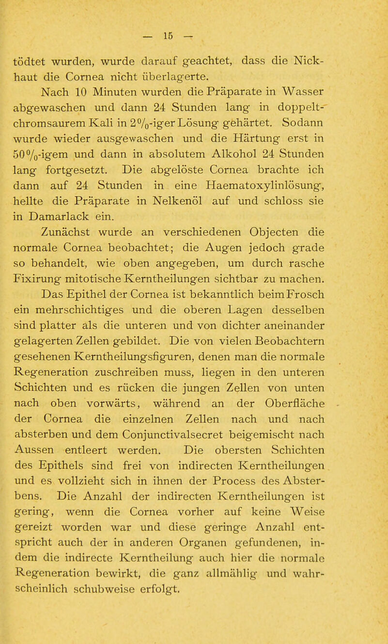 tödtet wurden, wurde darauf geachtet, dass die Nick- haut die Cornea nicht überlagerte. Nach 10 Minuten wurden die Präparate in Wasser abgewaschen und dann 24 Stunden lang in doppelt- chromsaurem Kali in 2 %-iger Lösung gehärtet. Sodann wurde wieder ausgewaschen und die Härtung erst in 50%-igem und dann in absolutem Alkohol 24 Stunden lang fortgesetzt. Die abgelöste Cornea brachte ich dann auf 24 Stunden in eine Haematoxylinlösung, hellte die Präparate in Nelkenöl auf und schloss sie in Damarlack ein. Zunächst wurde an verschiedenen Objecten die normale Cornea beobachtet; die Augen jedoch grade so behandelt, wie oben angegeben, um durch rasche Fixirung mitotische Kerntheilungen sichtbar zu machen. Das Epithel der Cornea ist bekanntlich beim Frosch ein mehrschichtiges und die oberen Lagen desselben sind platter als die unteren und von dichter aneinander gelagerten Zellen gebildet. Die von vielen Beobachtern gesehenen Kerntheilungsfiguren, denen man die normale Regeneration zuschreiben muss, liegen in den unteren Schichten und es rücken die jungen Zellen von unten nach oben vorwärts, während an der Oberfläche der Cornea die einzelnen Zellen nach und nach absterben und dem Conjunctivalsecret beigemischt nach Aussen entleert werden. Die obersten Schichten des Epithels sind frei von indirecten Kerntheilungen und es vollzieht sich in ihnen der Process des Abster- bens. Die Anzahl der indirecten Kerntheilungen ist gering, wenn die Cornea vorher auf keine AVeise gereizt worden war und diese geringe Anzahl ent- spricht auch der in anderen Organen gefundenen, in- dem die indirecte Kerntheilung auch hier die normale Regeneration bewirkt, die ganz allmählig und wahr- scheinlich schubweise erfolgt.