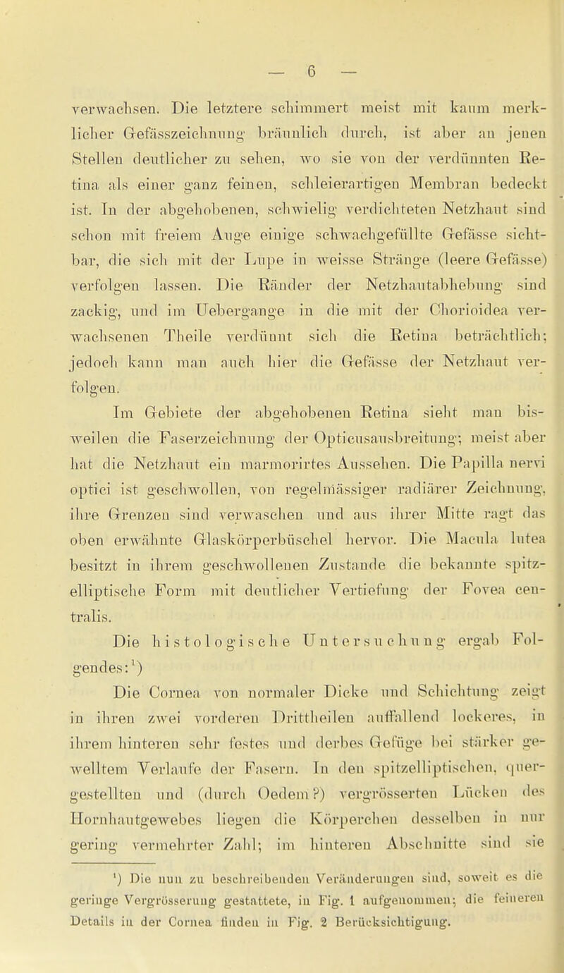 verwachsen. Die letztere schimmert meist mit kaum merk- licher GrefässzeichuTing' bräimlich durch, ist aber au jenen Stellen deutlicher zu sehen, wo sie von der verdünnten Re- tina als einer g'anz feinen, schleierartigen Membran bedeckt ist. Tu der abgehobenen, schwielig verdichteten Netzhaut sind schon mit freiem Auge einige scliAvachgefüllte Grefässe sicht- bar, die sich mit der Lupe in weisse Stränge (leere Gefässe) verfolgen lassen. Die Räuder der Netzhautabhebung sind zackig, und im Uebergange in die mit der Chorioidea ver- wachsenen Theile verdüunt sicli die Retina beträchtlich; jedoch kann man auch liier die Grefässe der Netzhaut A-er- folgen. Im Grebiete der abgehobeneu Retina sieht man bis- weilen die Faserzeichnung der Opticusausbreitnng; meist aber liat die Netzhaut ein marmorirtes Aussehen. Die Papilla nervi optici ist geschwolleu, von regelmässiger radiärer Zeichnung, ilire Grrenzen sind verwaschen und aus ihrer Mitte ragt das oben erwähnte Grlaskcirperbnschel hervor. Die Macula lutea besitzt in ihrem geschwollenen Zustande die bekannte spitz- elliptische Form mit deutlicher Vertiefung der Fovea cen- tralis. Die histologische Untersuchung ergab Fol- gendes:') Die Cornea von normaler Dicke und Schichtung- zeigt in ihren zwei voi'deren Drittheilen auffallend lockeres, in ihrem hinteren sehr festes und derbes Grefüge bei stärker ge- welltem Verlaufe der Fasern. In den spitzelHptischen, cpuM- gestellten und (durch Gedern ?) vergrösserten Lücken des Hornhautgewebes liegen die Körperchen desselben in nur gering vermehrter Zahl; im hinteren Abschnitte sind sie ') Die nun zu bescbreibeiideii Veräuderuugeu sind, soweit es die geringe Vergrösserung gestattete, in Fig. 1 aufgeuouimen: die feineren Details iu der Cornea finden in Fig. 2 Berücksichtigung.