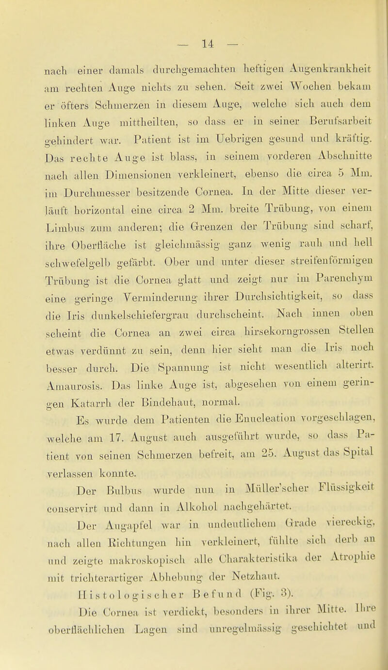 nach einer damals durchgemacliten heftigen Angenkrankheit am rechten x\uge nichts zu sehen. Seit zwei Wochen bekam er öfters Schmerzen in diesem Auge, welche sich auch dem linken Auge mittheilten, so dass er in seiner Berufsarbeit gehindert war. Patient ist im Uebrigen gesund und kräftig. Das rechte Auge ist blass, in seinem vorderen Abschnitte nach allen Dimensionen verkleinert, ebenso die circa 5 Mm. iui Durchmesser besitzende Cornea. In der Mitte dieser ver- läuft horizontal eine circa 2 Mm. breite Trübung, von einem Limbus zum anderen; die Grenzen der Trübung sind scharf, ihre Oberfläche ist gleichmässig ganz wenig rauh und hell schwefelii-elb o-efärbt. Ober und unter dieser streifeufönuigen Trübung ist die Cornea glatt und zeigt nur im Parenchym eine geringe Verminderung ihrer Durchsichtigkeit, so dass die Iris dunkelschiefergrau durchscheint. Nach innen oben scheint die Cornea an zwei circa hirsekorngrossen Stellen etwas verdünnt zu sein, denn hier sieht man die Ins noch besser durch. Die Spannung ist nicht wesentlich alterirt. Amaurosis. Das linke Auge ist, abgesehen von einem gerin- ü-en Katarrh der Bindehaut, normal. Es wurde dem Patienten die Enucleation vorgeschlagen, Avelche am 17. August auch ausgeführt wurde, so dass Pa- tient von seinen Schmerzen befreit, am 25. August das Spital verlassen konnte. Der Bulbus wurde nun in Müller'scher Flüssigkeit conservirt und dann in Alkohol nachgehärtet. Der Augapfel war in undeutlichem (xrade viereckig, nach allen Richtungen hin verkleinert, fühlte sich derb an und zeigte makroskopisch alle Charakteristika der Atrophie mit trichterartiger Abliel)ung der Netzhaut. Histologischer Befund (Fig. 3). Die Cornea ist verdickt, besonders in ihrer Mitte. Ihre oberflächlichen Lagen sind unregelmässig geschichtet und