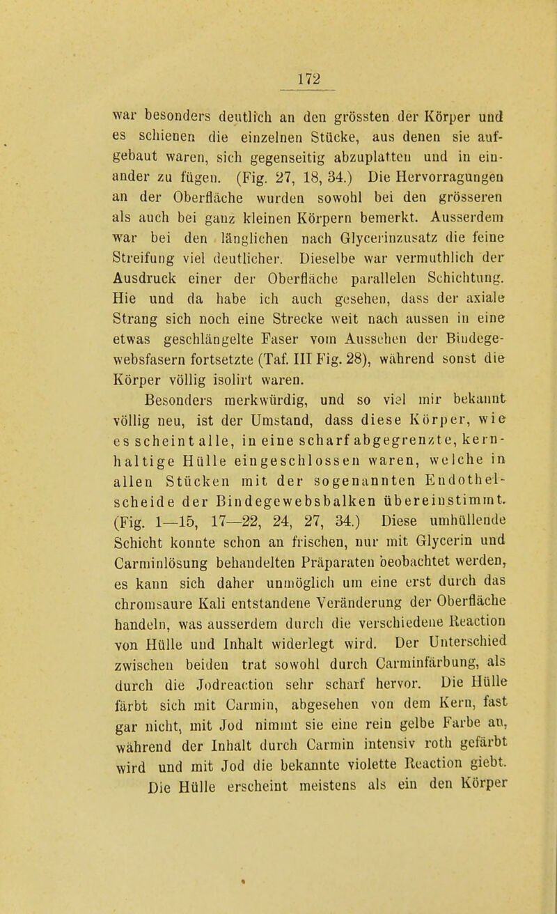 war besonders deutlich an den grössten der Körper und es schienen die einzelnen Stücke, aus denen sie auf- gebaut waren, sich gegenseitig abzuplatten und in ein- ander zu fügen. (Fig. 27, 18, 34.) Die Hervorragungen an der Oberflache wurden sowohl bei den grösseren als auch bei ganz kleinen Körpern bemerkt. Ausserdem war bei den länglichen nach Glycerinzusatz die feine Streifung viel deutlicher. Dieselbe war vermuthlich der Ausdruck einer der Oberfläche parallelen Schichtung. Hie und da habe ich auch gesehen, dass der axiale Strang sich noch eine Strecke weit nach aussen in eine etwas geschlängelte Faser vom Aussehen der Bindege- websfasern fortsetzte (Taf. III Fig. 28), während sonst die Körper völlig isolirt waren. Besonders merkwürdig, und so viel mir bekannt völlig neu, ist der Umstand, dass diese Körper, wie es scheint alle, in eine scharf abgegrenzte, kern- haltige Hülle eingeschlossen waren, welche in allen Stücken mit der sogenannten Endothel- scheide der Bindegewebsbalken übereinstimmt. (Fig. i_i55 17—22, 24, 27, 34.) Diese umhüllende Schicht konnte schon an frischen, nur mit Glycerin und Carminlösung behandelten Präparaten beobachtet werden, es kann sich daher unmöglich um eine erst durch das chromsaure Kali entstandene Veränderung der Oberfläche handeln, was ausserdem durch die verschiedene lleaction von Hülle und Inhalt widerlegt wird. Der Unterschied zwischen beiden trat sowohl durch Carminfärbung, als durch die Jodreaction sehr scharf hervor. Die Hülle färbt sich mit Carmin, abgesehen von dem Kern, fast gar nicht, mit Jod nimmt sie eine rein gelbe Farbe an, während der Inhalt durch Carmin intensiv roth gefärbt wird und mit Jod die bekannte violette lleaction giebt. Die Hülle erscheint meistens als ein den Körper