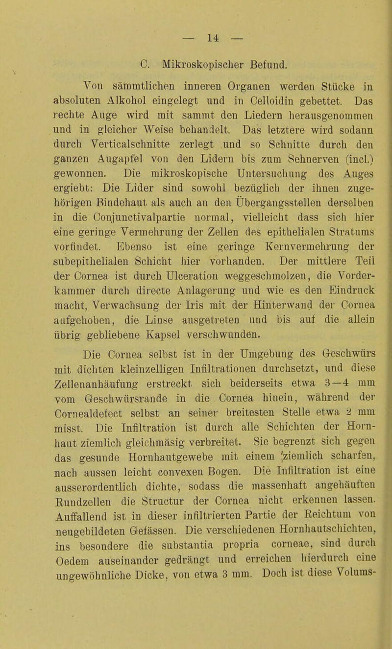 C. Mikroskopischer Befund. Von säramtlichen inneren Organen werden Stücke in absoluten Alkohol eingelegt und in Celloidin gebettet. Das rechte Auge wird mit sammt den Liedern herausgenommen und in gleicher Weise behandelt. Das letztere wird sodann durch Verticalschnitte zerlegt und so Schnitte durch den ganzen Augapfel von den Lidern bis zum Sehnerven (incl.) gewonnen. Die mikroskopische Untersuchung des Auges ergiebt: Die Lider sind sowohl bezüglich der ihnen zuge- hörigen Bindehaut als auch an den Übergangsstellen derselben in die Conjunctivalpartie normal, vielleicht dass sich hier eine geringe Vermehrung der Zellen des epithelialen Stratums vorfindet. Ebenso ist eine geringe Kern Vermehrung der subepithelialen Schicht hier vorhanden. Der mittlere Teil der Cornea ist durch Ulceration weggeschmolzen, die Vorder- kammer durch directe Anlagerung und wie es den Eindruck macht, Verwachsung der Iris mit der Hinterwand der Cornea aufgehoben, die Linse ausgetreten und bis auf die allein übrig gebliebene Kapsel verschwunden. Die Cornea selbst ist in der Umgebung des Geschwürs mit dichten kleinzelligen Infiltrationen durchsetzt, und diese Zellenanhäufung erstreckt sich beiderseits etwa 3—4 mm vom Geschwürsrande in die Cornea hinein, während der Cornealdefect selbst an seiner breitesten Stelle etwa 2 mm misst. Die Infiltration ist durch alle Schichten der Horn- haut ziemlich gleichmäsig verbreitet. Sie begrenzt sich gegen das gesunde Hornhautgewebe mit einem 'ziemlich scharfen, nach aussen leicht convexen Bogen. Die Infiltration ist eine ausserordentlich dichte, sodass die massenhaft angehäuften Rundzellen die Structur der Cornea nicht erkennen lassen. Auffallend ist in dieser infiltrierten Partie der Reichtum von neugebildeten Gefässen. Die verschiedenen Hornhautschichten, ins besondere die substantia propria corneae, sind durch Oedem auseinander gedrängt und erreichen hierdurch eine ungewöhnliche Dicke, von etwa 3 mm. Doch ist diese Volums-