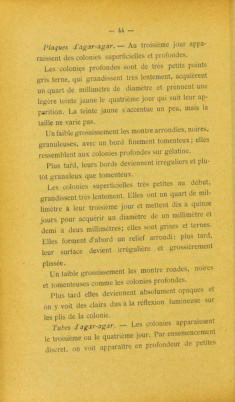 Plaques d'agar-agar. — Au troisième jour appa- raissent des colonies superficielles et profondes. Les colonies profondes sont de très petits points gris terne, qui grandissent très lentement, acquièrent un quart de millimètre de diamètre et prennent une légère teinte jaune le quatrième jour qui suit leur ap- parition. La teinte jaune s'accentue un peu, mais la taille ne varie pas. - Un faible grossissement les montre arrondies, noires, granuleuses, avec un bord finement tomenteux; elles ressemblent aux colonies profondes sur gélatine. Plus tard, leurs bords deviennent irréguliers et plu- tôt granuleux que tomenteux. Les colonies superficielles très petites au début, grandissent très lentement. Elles ont un quart de mil- limètre à leur troisième jour et mettent dix à qumze jours pour acquérir un diamètre de un miUimètre et demi à deux millimètres; elles sont grises et ternes. Elles forment d'abord un relief arrondi; plus tard, leur surface devient irrégulière et grossièrement plissée. Un taible grossissement les montre rondes, noires et tomenteuses comme les colonies profondes. Plus tard elles deviennent absolument opaques et on y voit des clairs dus à la réflexion lumineuse sur les plis de la colonie. Tubes i-agar-agar. - Les colonies appara.ssen ,e troisième ou le quatrième jour. Par ensemencen^en discret, on voit apparaître en profondeur de petites