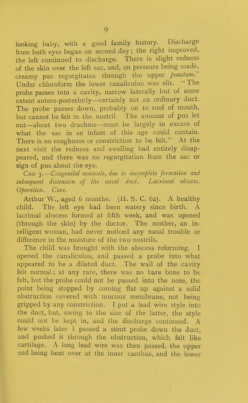 looking baby, with a good family history. Discharge from both eyes began on second day; the right improved, the left continued to discharge. There is slight redness of the skin over the left sac, and, on pressure being made, creamy pus regurgitates through the upper punctmn. Under chloroform the lower canaliculus was slit.  The probe passes into a cavity, narrow laterally but of some extent antero-posteriorly—certainly not an ordinary duct. The probe passes down, probably on to roof of mouth, but cannot be felt in the nostril. The amount of pus let out—about two drachms—must be largely in excess of what the sac in an infant of this age could contain. There is no roughness or constriction to be felt. At the next visit the redness and sweUing had entirely disap- peared, and there was no regurgitation from the sac or sign of pus about the eye. Case 3.—Congenital mucocele, due to incomplete formation and subsequent distension of the nasal duct. Lacvinial abscess. Operation. Cure. Arthur W., aged 6 months. (H. S. C. 62). A healthy child. The left eye had been watery since birth. A lacrimal abscess formed at fifth week, and was opened (through the skin) by the doctor. The mother, an in- telligent woman, had never noticed any nasal trouble or difference in the moisture of the two nostrils. The child was brought with the abscess reforming. I opened the canaliculus, and passed a probe into what appeared to be a dilated duct. The wall of the cavity felt normal; at any rate, there was no bare bone to be felt, but the probe could not be passed into the nose, the point being stopped by coming flat up against a solid obstruction covered with mucous membrane, not being gripped by any constriction. I put a lead wire style into the duct, but, owing to the size of the latter, the style could not be kept in, and the discharge continued. A few weeks later I passed a stout probe down the duct, and pushed it through the obstruction, which felt like cartilage. A long lead wire was then passed, the upper end being bent over at the inner canthus, and the lower