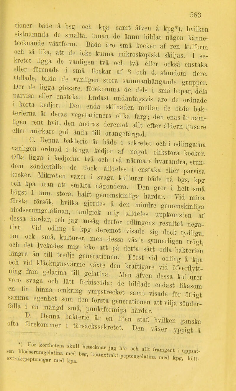 tioner både ii hsg och kpa samt äfven ä kpg*), hvilken .sistnämnda de smälta, innan de ännu bildat någon känne- tecknande växtform. Båda äro små kocker af ren kulform och sä lika, att de icke kunna mikroskopiskt skiljas I se- kretet ligga de vanligen tvä och tvä eller också enstaka eller förenade i små flockar af 3 och 4, stundom flere. Odlade, bilda de vanligen stora sammanhängande grupper Der de ligga glesare, förekomma de dels i små hopar, dels pai-visa eller enstaka. Endast undantagsvis äro de ordnade 1 korta kedjor. Den enda skilnaden mellan de båda bak- terierna är deras vegetationers olika färg; den enas är näm- hgen rent hvit, den andras deremot allt efter åldern ljusare eller mörkare gul ända till orangefärgad. C. Denna bakterie är både i seln-etet och i odlingarna ^^nhgen ordnad i länga kedjor af något olikstora kocker. Otta ligga 1 kedjorna två och två närmare hvarandra, stun- dom sönderfalla de dock alldeles i enstaka eller parvisa kocker. Miki-oben växer i svaga kulturer både pä bgs, kpo- och kpa utan att smälta någondera. Den gror i helt små högst 1 mm. stora, hälft genomskinliga härdar. Vid mina första försök hvilka gjordes ä den mindre genomskinliga b odsenimgelatinan, undgick mig alldeles uppkomsten If dessa haiTlar och jag ausäg derför odlingens resultat nega- tivt. ;^id odling ä kpg deremot visade sig dock tydliga om ock små kulturer, men dessa växte synnerligen tröo-t' längre an till tredje generationen. Först vid odling å kpa och vid klackugnsvärme växte den kraftigare vid öfverflvtt- nmg fran gelatina till gelatina. Men äfL dessa u tml en hn hmna omkring ympstrecket samt visade för öfrio-t amma egenhet som den första generationen att vilja sönd ^ falla 1 en mängd små, punktformiga härdar. D Denna bakterie är en liten staf,' hvilken canska 0^1 f^ommer i tärsäckssekretet. Den växer y^f^gtl extraktpeptonagar rn^T^J '^^^^'^^•P^P*-^^!'^- n.ed kpg. kött-