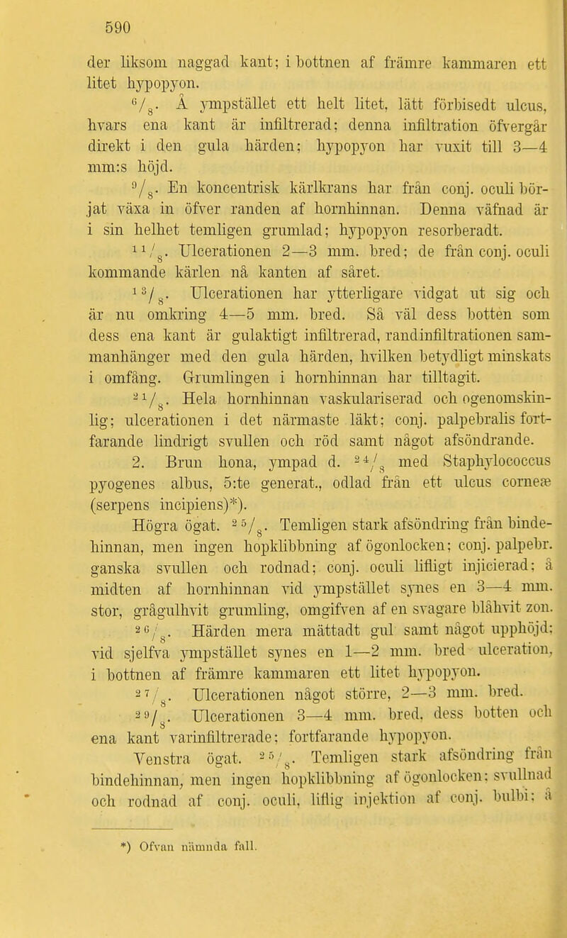 der liksom naggad kant; i bottnen af främre kammaren ett litet hji^popyon. Å mpstället ett helt litet, lätt förbisedt nlcus, livars ena kant är infiltrerad; denna infiltration öfvergär direkt i den gula härden; hypopyon har vuxit till 3—4 mm:s höjd. /g. En koncentrisk kärlkrans har från conj. oculi bör- jat växa in öfver randen af hornhinnan. Denna väfuad är i sin helhet temligen grumlad; hypopyon resorberadt. 11/g. Ulcerationen 2—3 mm. bred; de från conj. oculi kommande kärlen nå kanten af såret. g. Ulcerationen har 3'tterligare vidgat ut sig och är nu omkring 4—5 mm. bred. Sä väl dess botten som dess ena kant är gulaktigt infiltrerad, randinfiltrationen sam- manhänger med den gula härden, hvilken betydligt minskats i omfång. Grumlingen i hornhinnan har tilltagit. ^Vg- Hela hornhinnan vaskulariserad och ogenomskin- lig; ulcerationen i det närmaste läkt; conj. palpebralis fort^ farande lindrigt svullen och röd samt något afsöndrande. 2. Brun hona, ympad d. ^4 /^ med Staphylococcus pyogenes albus, 5:te generat., odlad från ett ulcus comese (serpens incipiens)*). Högra ögat. ^5/^. Temligen stark afsöndring från binde- hinnan, men ingen hopklibbning af ögonlocken; conj. palpebr. ganska svullen och rodnad; conj. oculi lifligt injicierad; ä midten af hornhinnan vid ympstället synes en 3—4 mm. stor, grågulhvit grumling, omgifven af en svagare blåhvit zon. 2G/g. Härden mera mättadt gul samt något upphöjd: vid sjelfva j^mpstället synes en 1—2 mm. bred ulceration, i bottnen af främre kammaren ett litet hypopyon. Ulcerationen något större, 2—3 mm. bred. 2 9/^. Ulcerationen 3—4 mm. bred, dess botten och ena kant varinfiltrerade; fortfarande hypopyon. Venstra ögat. ^^>/^. Temligen stark afsöndring från bindehinnan, men ingen hopklibbning af ögonlocken: svullnad och rodnad af conj. oculi, liflig injektion af conj. bulbi: a