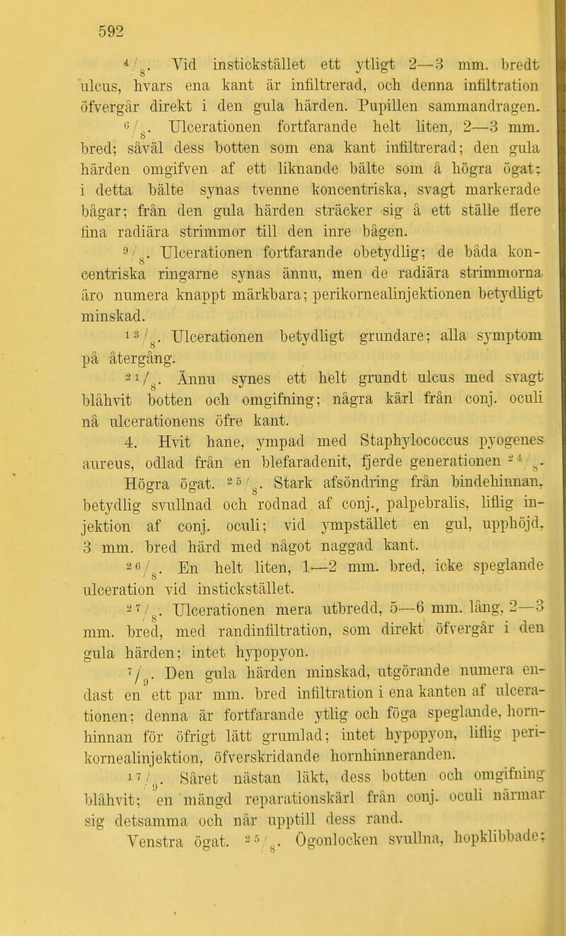 */g. Vid instickstället ett ytligt 2—3 mm. bredt iilcus, hvars ena kant är infiltrerad, och denna infiltration öfvergär direkt i den gula härden. Pupillen sammandragen.  ' Ulcerationen fortfarande helt liten, 2—3 mm. bred; såväl dess botten som ena kant infiltrerad; den gula härden omgifven af ett liknande bälte som å högra ögat: i detta bälte synas tvenne koncentriska, svagt markerade bågar; från den gula härden sträcker sig å ett ställe flere fina radiära strimmor till den inre bågen. Ulcerationen fortfarande obetydlig; de båda kon- centriska riugarne synas ännu, men de radiära strimmorna äro numera knappt märkbara; perikornealinjektionen betydligt minskad. 13/^. Ulcerationen betydligt grundare; alla symptom pä återgång. ^i/g. Ännu synes ett helt grundt ulcus med svagt blåhvit botten och omgifning; några kärl från conj. oculi nå ulcerationens öfi'e kant. 4. Hvit hane, ympad med Staphylococcus pyogenes aureus, odlad fi-ån en blefaradenit, fjerde generationen--^ j.. Högra ögat. ^/g. Stark afsöndring frän bindehinnan, betydhg svullnad och rodnad af conj., palpebralis, liflig in- jektion af conj. oculi; vid ympstället en gul, upphöjd, 3 mm. bred härd med något naggad kant. En helt liten, 1—2 mm. bred, icke speglande ulceration vid instickstället. 2 7 /^. Ulcerationen mera utbredd, 5—6 mm. lång, 2—3 mm. bred, med randinfiltration, som direkt' öfvergär i den gula härden; intet hypopyon. T/g. Den gula härden minskad, utgörande numera en- dast en ett par mm. bred infiltration i ena kanten af ulcera- tionen; denna är fortfarande ythg och föga speglande, horn- hinnan för öfrigt lätt grumlad; intet hypopyon, liflig peri- kornealinjektion, öfverskridande hornhinneranden. 17/.^. Såret nästan läkt, dess botten och omgifning blåhvit; en mängd reparationskärl frän conj. oculi närmar sig detsamma och når upptill dess rand. Venstra ögat. Ögonlocken svullna, hopklibbado;