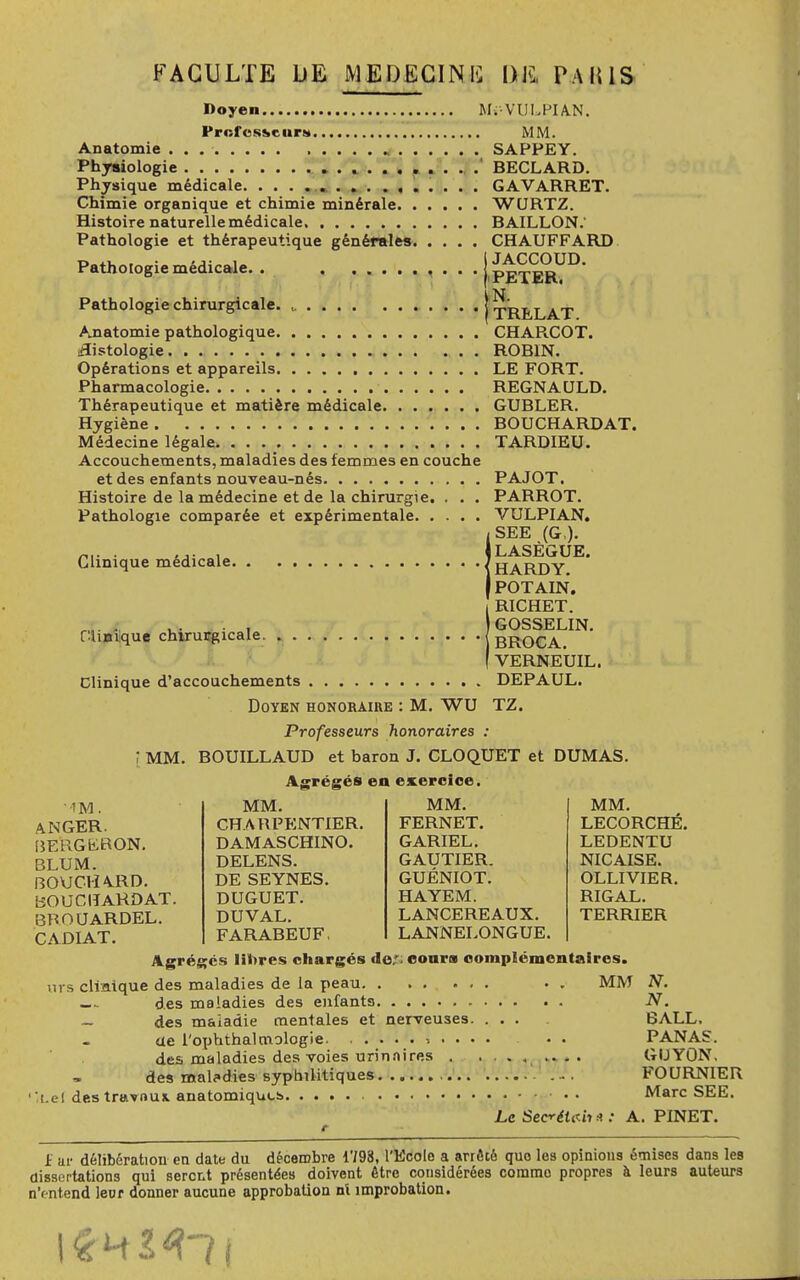 Doyen Mi-VULPIA-N. Professe urs MM. Anatomie . . . „ SAPPEY. Physiologie BECLARD. Physique médicale GAVARRET. Chimie organique et chimie minérale WURTZ. Histoire naturelle médicale, BAILLON.' CHAUFFARD JACCOUD. PETER. N. TRELAT. Pathologie et thérapeutique générales. . . Pathologie médicale. . , . Pathologie chirurgicale. ,. Anatomie pathologique CHARCOT. histologie ROBIN. Opérations et appareils LE FORT. Pharmacologie REGNAULD. Thérapeutique et matière médicale GUBLER. Hygiène BOUCHARDAT. Médecine légale TARDIEU. Accouchements, maladies des femmes en couche et des enfants nouveau-nés PAJOT. Histoire de la médecine et de la chirurgie. . . . PARROT. Pathologie comparée et expérimentale VULPIAN. ISEE (G,). LASÈGUE. HARDY POTAIN. RICHET. GOSSELIN. BROCA. VERNEUIL. Clinique d'accouchements DEPAUL. Doyen honoraire : M. WU TZ. Professeurs honoraires : 1 MM. BOUILLAUD et baron J. CLOQUET et DUMAS. Agrégés en exercice. Clinique chirurgicale. MM. CHARPENTIER. DAMASCHINO. DELENS. DE SEYNES. DUGUET. DUVAL. FARABEUF, MM. FERNET. GARIEL. GAUTIER. GUÉNIOT. HAYEM. LANCEREAUX. LANNELONGUE. MM. LECORCHÉ. LEDENTU NICAISE. OLLIVIER. RIGAL. TERRIER •■m. ANGER. BERGERON. BLUM. BOUCHARD. BOUCIÏARDAT. BROUARDEL. CADIAT. Agrégés libres chargés «le; cour» complémentaires. tirs clinique des maladies de la peau . . MM N. - des maladies des enfants N. — des maladie mentales et nerveuses. . . . BALL. oe l'ophthalmologie. .......... . . PANAS:. des maladies des voies urinnires . . GUYON, des maladies syphilitiques .... FOURNIER O.el des travnux. anatomiqut-b Marc SEE. Le SecréUùi s : A. PINET. £ ur délibération en date du décembre 1798, l'Ecole a arrêcè quo les opinions émises dans les dissertations qui seront présentées doivent être considérées commo propres à leurs auteurs n'entend leur donner aucune approbation ni improbation.