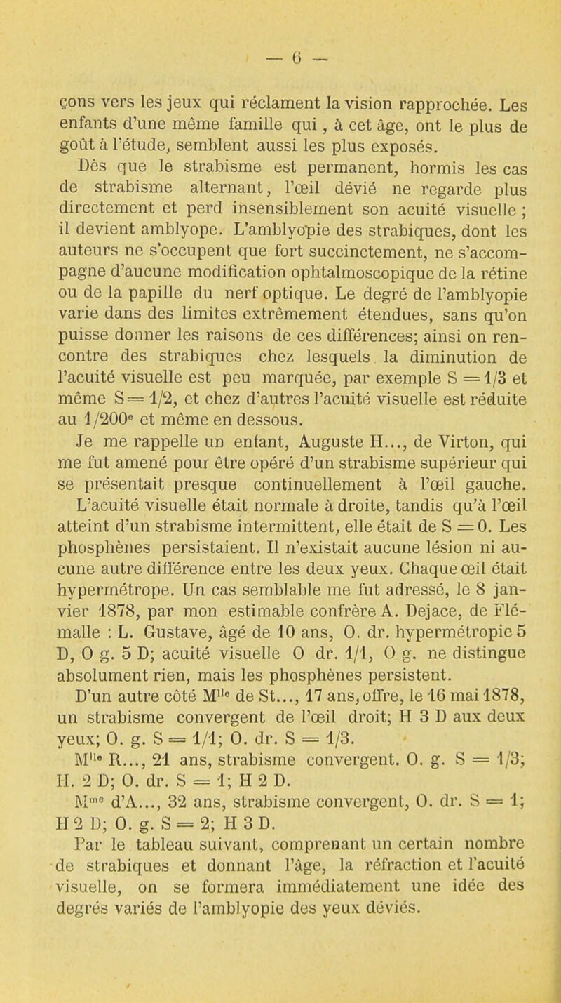 çons vers les jeux qui réclament la vision rapprochée. Les enfants d'une même famille qui, à cet âge, ont le plus de goût à l'étude, semblent aussi les plus exposés. Dès que le strabisme est permanent, hormis les cas de strabisme alternant, l'œil dévié ne regarde plus directement et perd insensiblement son acuité visuelle ; il devient amblyope. L'amblyopie des strabiques, dont les auteurs ne s'occupent que fort succinctement, ne s'accom- pagne d'aucune modification ophtalmoscopique de la rétine ou de la papille du nerf optique. Le degré de l'amblyopie varie dans des limites extrêmement étendues, sans qu'on puisse donner les raisons de ces diiïérences; ainsi on ren- contre des strabiques chez lesquels la diminution de l'acuité visuelle est peu marquée, par exemple S =1/3 et même S= 1/2, et chez d'autres l'acuité visuelle est réduite au 1/200® et même en dessous. Je me rappelle un enfant, Auguste H..., de Virton, qui me fut amené pour être opéré d'un strabisme supérieur qui se présentait presque continuellement à l'œil gauche. L'acuité visuelle était normale à droite, tandis qu'à l'œil atteint d'un strabisme intermittent, elle était de S =0. Les phosphènes persistaient. Il n'existait aucune lésion ni au- cune autre différence entre les deux yeux. Chaque œil était hypermétrope. Un cas semblable me fut adressé, le 8 jan- vier 1878, par mon estimable confrère A. Dejace, de Flé- malle : L. Gustave, âgé de 10 ans, 0. dr. hypermétropies D, 0 g. 5 D; acuité visuelle 0 dr. 1/1, 0 g. ne distingue absolument rien, mais les phosphènes persistent. D'un autre côté M de St..., 17 ans,offre, le 16 mai 1878, un strabisme convergent de l'œil droit; H 3 D aux deux yeux; 0. g. S = 1/1; 0. dr. S = 1/3. M' R..., 21 ans, strabisme convergent. 0. g. S = 1/3; II. 2 D; 0. dr. S = 1; H 2 D. M'° d'A..., 32 ans, strabisme convergent, 0. dr. S = 1; H 2 D; 0. g. S = 2; H 3 D. Par le tableau suivant, comprenant un certain nombre de strabiques et donnant l'âge, la réfraction et l'acuité visuelle, on se formera immédiatement une idée des degrés variés de l'amblyopie des yeux déviés.