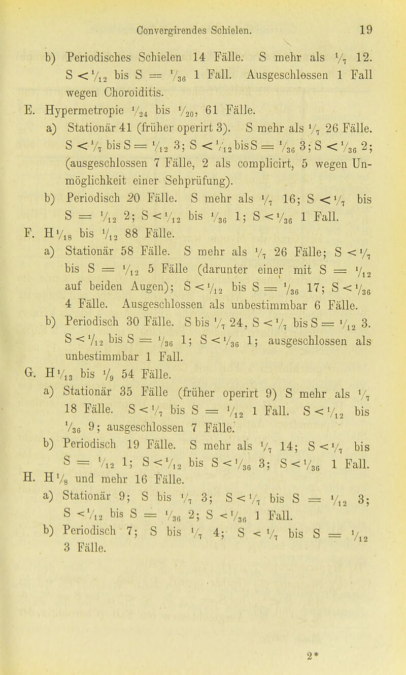b) Periodisches Schielen 14 Fälle. S mehr als % 12. S<Vi2 bis S = '/36 1 Fall. Ausgeschlessen 1 Fall wegen Choroiditis. E. Hypermetropie y24 bis y20, 61 Fälle. a) Stationär 41 (früher operirt 3). S mehr als % 26 Fälle. S < % bis S = Vu 3; S < VwbisS = V36 3; S < V36 2; (ausgeschlossen 7 Fälle, 2 als complicirt, 5 wegen Un- möglichkeit einer Sehprüfung). b) Periodisch 20 Fälle. S mehr als % 16; S < % bis S = % 2 2; S<%2 bis y36 1; S<y36 1 Fall. F. Hy18 bis Vi, 88 Fälle. a) Stationär 58 Fälle. S mehr als V7 26 Fälle; S <y, bis S = y12 5 Fälle (darunter einer mit S = y12 auf beiden Augen); S<'/12 bis S == %6 17; S < y36 4 Fälle. Ausgeschlossen als unbestimmbar 6 Fälle. b) Periodisch 30 Fälle. S bis % 24, S < % bis S = V12 3. 5 < y12 bis S = y36 1; S<y36 1; ausgeschlossen als unbestimmbar 1 Fall. Gr. Hy13 bis V9 54 Fälle. a) Stationär 35 Fälle (früher operirt 9) S mehr als V, 18 Fälle. S < % bis S = %2 1 Fall. S < V12 bis V36 9 ; ausgeschlossen 7 Fälle. b) Periodisch 19 Fälle. S mehr als V7 14; S<y, bis S = V« 1; S<V12 bis S<'/36 3; S<V36 1 Fall. H. HV8 und mehr 16 Fälle. a) Stationär 9; S bis V, 3; S < % bis S = %2 3; S <%2 bis S = y3G 2; S <%6 ] Fall. b) Periodisch 7; S bis % 4; S < % bis S = %2 3 Fälle. 2*