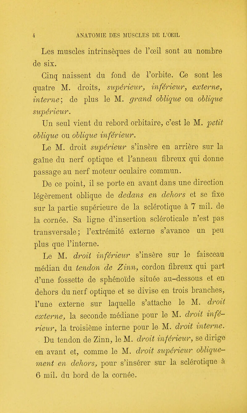 Les muscles intrinsèques de l'œil sont au nombre de six. Cinq naissent du fond de l'orbite. Ce sont les quatre M. droits, supérieur, inférieur, externe, interne) de plus le M. grand oblique ou oblique supérieur. Un seul vient du rebord orbitaire, c'est le M. petit oblique ou oblique inférieur. Le M. droit supérieur s'insère en arrière sur la gaîne du nerf optique et Tanneau fibreux qui donne passage au nerf moteur oculaire commun. De ce point, il se porte en avant dans une direction légèrement oblique de dedans en dehors et se fixe sur la partie supérieure de la sclérotique à 7 mil. de la cornée. Sa ligne d'insertion scléroticale n'est pas transversale; l'extrémité externe s'avance un peu plus que l'interne. Le M. droit inférieur s'insère sur le faisceau médian du tendon de Zinn, cordon fibreux qui part d'une fossette de sphénoïde située au-dessous et en dehors du nerf optique et se divise en trois branches, l'une externe sur laquelle s'attache le M. droit externe, la seconde médiane pour le M. droit infé- rieur, la troisième interne pour le M. droit interne. ■ Du tendon de Zinn, le M. droit inférieur, se dirige en avant et, comme le M. droit supérieur oblique- ment en dehors, pour s'insérer sur la sclérotique à 6 mil. du bord de la cornée.