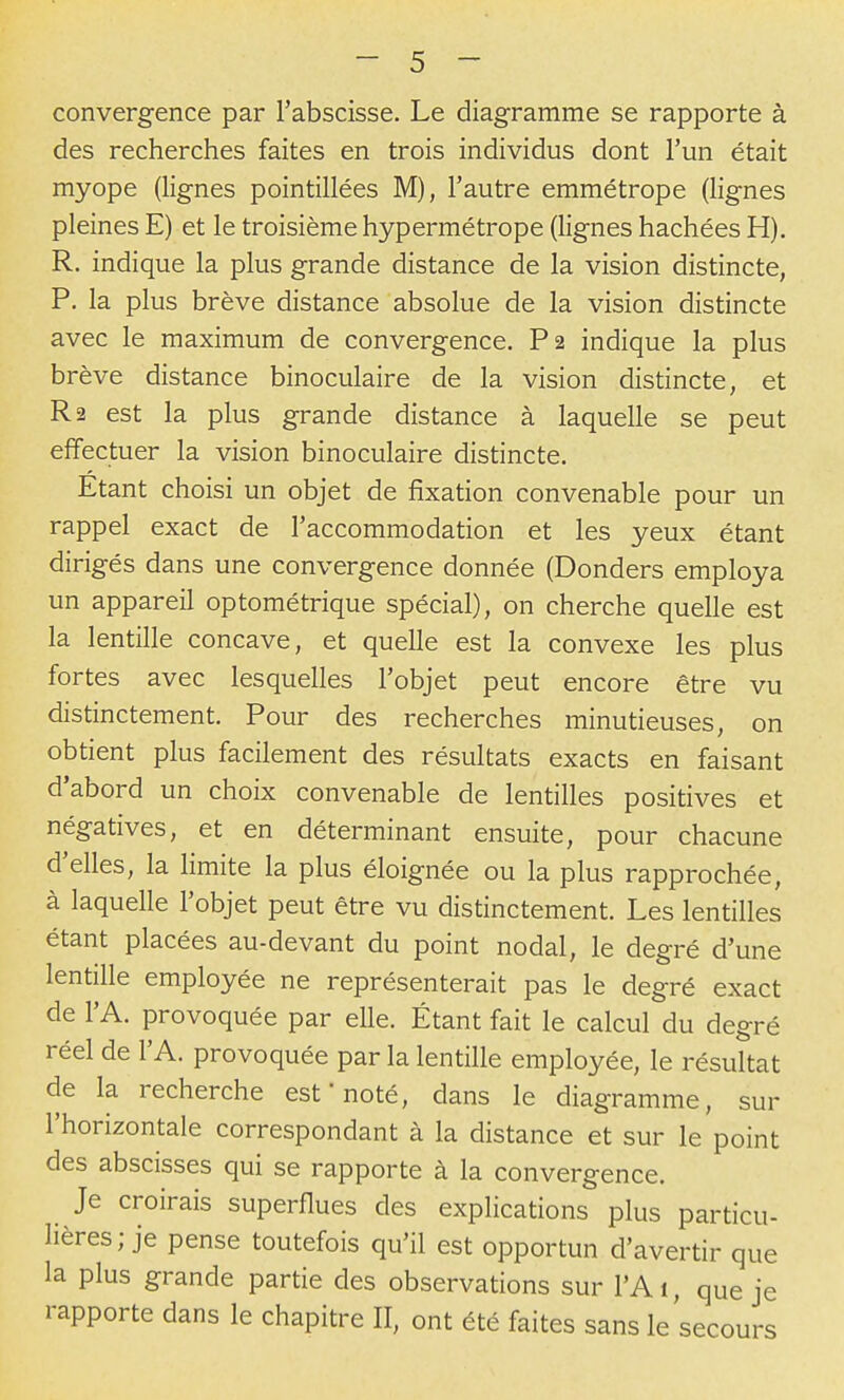 convergence par l'abscisse. Le diagramme se rapporte à des recherches faites en trois individus dont l'un était myope (lignes pointillées M), l'autre emmétrope (lignes pleines E) et le troisième hypermétrope (lignes hachées H). R. indique la plus grande distance de la vision distincte, P. la plus brève distance absolue de la vision distincte avec le maximum de convergence. Pa indique la plus brève distance binoculaire de la vision distincte, et R2 est la plus grande distance à laquelle se peut effectuer la vision binoculaire distincte. Etant choisi un objet de fixation convenable pour un rappel exact de l'accommodation et les yeux étant dirigés dans une convergence donnée (Donders employa un appareil optométrique spécial), on cherche quelle est la lentille concave, et quelle est la convexe les plus fortes avec lesquelles l'objet peut encore être vu distinctement. Pour des recherches minutieuses, on obtient plus facilement des résultats exacts en faisant d'abord un choix convenable de lentilles positives et négatives, et en déterminant ensuite, pour chacune d'elles, la limite la plus éloignée ou la plus rapprochée, à laquelle l'objet peut être vu distinctement. Les lentilles étant placées au-devant du point nodal, le degré d'une lentille employée ne représenterait pas le degré exact de l'A. provoquée par eUe. Étant fait le calcul du degré réel de l'A. provoquée par la lentille employée, le résultat de la recherche est'noté, dans le diagramme, sur l'horizontale correspondant à la distance et sur le point des abscisses qui se rapporte à la convergence. Je croirais superflues des explications plus particu- lières; je pense toutefois qu'il est opportun d'avertir que la plus grande partie des observations sur l'Ai, que je rapporte dans le chapitre II, ont été faites sans le'secours