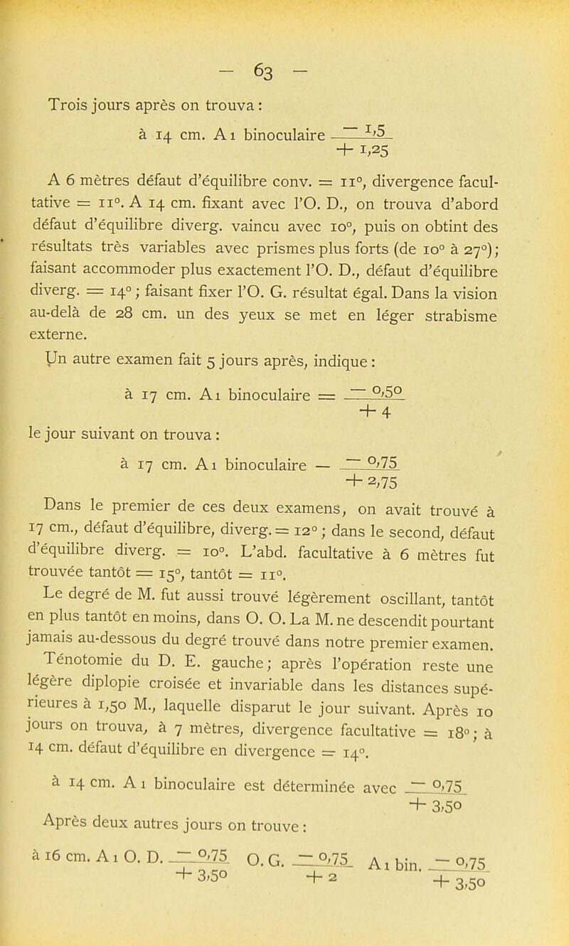 Trois jours après on trouva : à 14 cm. A1 binoculaire ^'^ + 1,25 A 6 mètres défaut d'équilibre conv. = 11°, divergence facul- tative = 11°. A 14 cm. fixant avec l'O. D., on trouva d'abord défaut d'équilibre diverg. vaincu avec 10°, puis on obtint des résultats très variables avec prismes plus forts (de 10° à z'j) ; faisant accommoder plus exactement l'O. D., défaut d'équilibre diverg. = 14° ; faisant fixer l'O. G. résultat égal. Dans la vision au-delà de 28 cm. un des yeux se met en léger strabisme externe. Un autre examen fait 5 jours après, indique : à 17 cm. Al binoculaire = °>5° + 4 le jour suivant on trouva : à 17 cm. Al binoculaire — -~ °>T5 + 2,75 Dans le premier de ces deux examens, on avait trouvé à 17 cm., défaut d'équilibre, diverg. = 12° ; dans le second, défaut d'équilibre diverg. = 10°. L'abd. facultative à 6 mètres fut trouvée tantôt = 15°, tantôt =11°. Le degré de M. fut aussi trouvé légèrement oscillant, tantôt en plus tantôt en moins, dans O. O. La M. ne descendit pourtant jamais au-dessous du degré trouvé dans notre premier examen. Ténotomie du D. E. gauche; après l'opération reste une légère diplopie croisée et invariable dans les distances supé- rieures à 1,50 M., laquelle disparut le jour suivant. Après 10 jours on trouva, à 7 mètres, divergence facultative = 18°; à 14 cm. défaut d'équilibre en divergence =• 14. à 14 cm. A 1 binoculaire est déterminée avec ~ Q>75_ Après deux autres jours on trouve : ài6cm.AiO.D.-^5 Q.G. JZATS. Aibin-=i>.75 + 3;5o + 2 4_