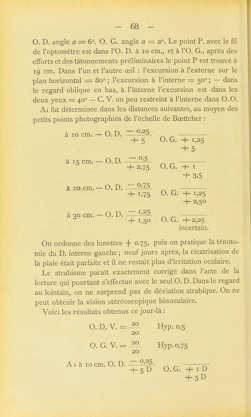 O. D. angle a — 6°. O. G. angle a = 2°. Le point P. avec le fil de l'optomètre est dans l'O. D. à 10 cm., et à TO. G., après des efforts et des tâtonnements préliminaires le point P est trouvé à 19 cm. Dans l'un et l'autre œil : l'excursion à l'externe sur le plan horizontal = 80° ; l'excursion à l'interne = 50° ; — dans le regard oblique en bas, à l'interne l'excursion est dans les deux yeux = 40° — G. V. un peu restreint à l'interne dans O. O. Al fut déterminée dans les distances suivantes, au moyen des petits points photographiés de l'échelle de Bœttcher : a 10 cm. O.D. H- 5 O. G. + 1,25 + 5 à 15 cm, -O.D. -°>5 2,75 O. G. +1 + 3;5 à 20,cm. - O. D. ~ °^75 + i;75 O- ^- + i'25 ■+■ 2,50 à 30 cm. — O. D. ~ ^'^^ — + 1,50 O. G. + 2,25 incertain. On ordonne des lunettes + 0.75, puis on pratique la ténoto- mie du D. interne gauche ; neuf jours après, la cicatrisation de la plaie était parfaite et il ne restait plus d'irritation oculaire. Le strabisme paraît exactement corrigé dans l'acte de la lecture qui pourtant s'effectue avec le seul O. D. Dans le regard au lointain, on ne surprend pas de déviation strabique. On ne peut obtenir la vision stéréoscopique binoculaire. Voici les résultats obtenus ce jour-là : O. D. V. = Hyp. 0,5 20 O. G.V.= ^ Hyp. 0,75 20 A1 à 10 cm. O. D. ~ 5 D O. G. + I D + 5D