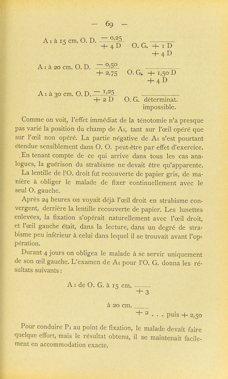 ^ + 4 D O. G. + I D 4-4D A1 à 20 cm. O. D. ~ H- 2,75 O. G. 4- 1,50 D + 4D A1 à 30 cm. O. D. ~ ^'^5 4- 2 D O. G. déterminât. impossible. Comme on voit, l'effet immédiat de la ténotomie n'a presque pas varié la position du champ de Ai, tant sur l'œil opéré que sur l'œil non opéré. La partie négative de Ai s'est pourtant étendue sensiblement dans O, O. peut-être par effet d'exercice. En tenant compte de ce qui arrive dans tous les cas ana- logues, la guérison du strabisme ne devait être qu'apparente. La lentille de l'O. droit fut recouverte de papier gris, de ma- nière à obliger le malade de fixer continuellement avec le seul O. gauche. Après 24 heures on voyait déjà l'œil droit en strabisme con- vergent, derrière la lentille recouverte de papier. Les lunettes enlevées, la fixation s'opérait naturellement avec l'œil droit, et l'œil gauche était, dans la lecture, dans un degré de stra- bisme peu inférieur à celui dans lequel il se trouvait avant l'op- pération. Durant 4 jours on obligea le malade à se servir uniquement de son œil gauche. L'examen de Ai pour l'O. G. donna les ré- sultats suivants : A1 de O. G. à is cm. + 3 à 20 cm. ^ . . . puis + 2,50 Pour conduire Pi au point de fixation, le malade devait faire quelque effort, mais le résultat obtenu, il se maintenait facile- ment en accommodation exacte.