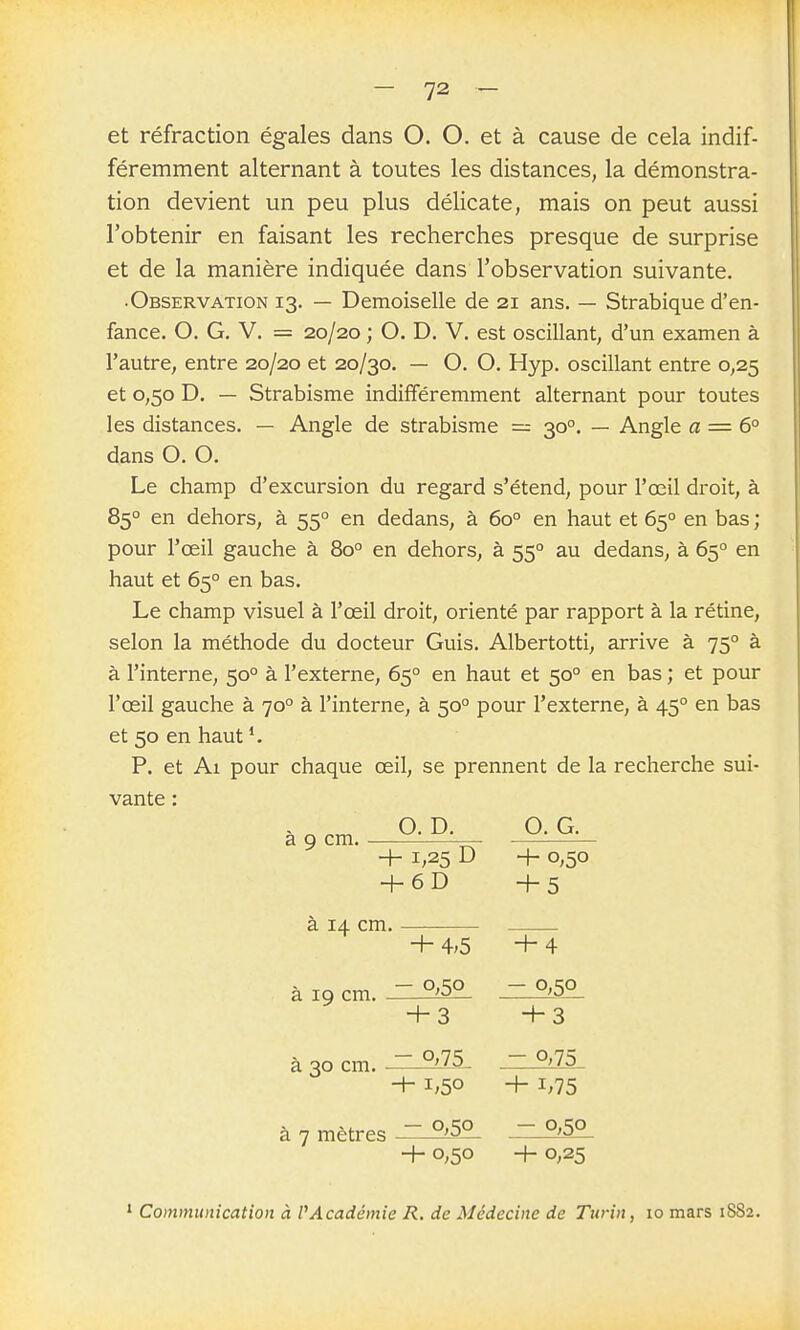 et réfraction égales dans O. O. et à cause de cela indif- féremment alternant à toutes les distances, la démonstra- tion devient un peu plus délicate, mais on peut aussi l'obtenir en faisant les recherches presque de surprise et de la manière indiquée dans l'observation suivante. •Observation 13. — Demoiselle de 21 ans. — Strabique d'en- fance. O. G. V. = 20/20 ; O. D. V. est oscillant, d'un examen à l'autre, entre 20/20 et 20/30. — O. O. Hyp. oscillant entre 0,25 et 0,50 D. — Strabisme indifféremment alternant pour toutes les distances. — Angle de strabisme = 30°. — Angle a = 6° dans O. O. Le champ d'excursion du regard s'étend, pour l'œil droit, à 85° en dehors, à 55° en dedans, à 60° en haut et 65° en bas ; pour l'œil gauche à 80° en dehors, à 55° au dedans, à 65° en haut et 65° en bas. Le champ visuel à l'œil droit, orienté par rapport à la rétine, selon la méthode du docteur Guis. Albertotti, arrive à 75° à à l'interne, 50° à l'externe, 65° en haut et 50° en bas ; et pour l'œil gauche à 70° à l'interne, à 50° pour l'externe, à 45° en bas et 50 en haut *. P. et Al pour chaque œil, se prennent de la recherche sui- vante : à 14 cm. + 4;5 +4 à 19 cm. -°>5o .iz^52_ + 3 +3 à 30 cm. -°>75. - o^75_ -h 1,50 + 1,75 à 7 mètres -  ■+■ 0,50 -h 0,25 Communication à PAcadémie R. de Médecine de Turin, 10 mars 1882. à 9 cm. O. D. O. G. + 1,25 D + 6D + 0,50 + 5