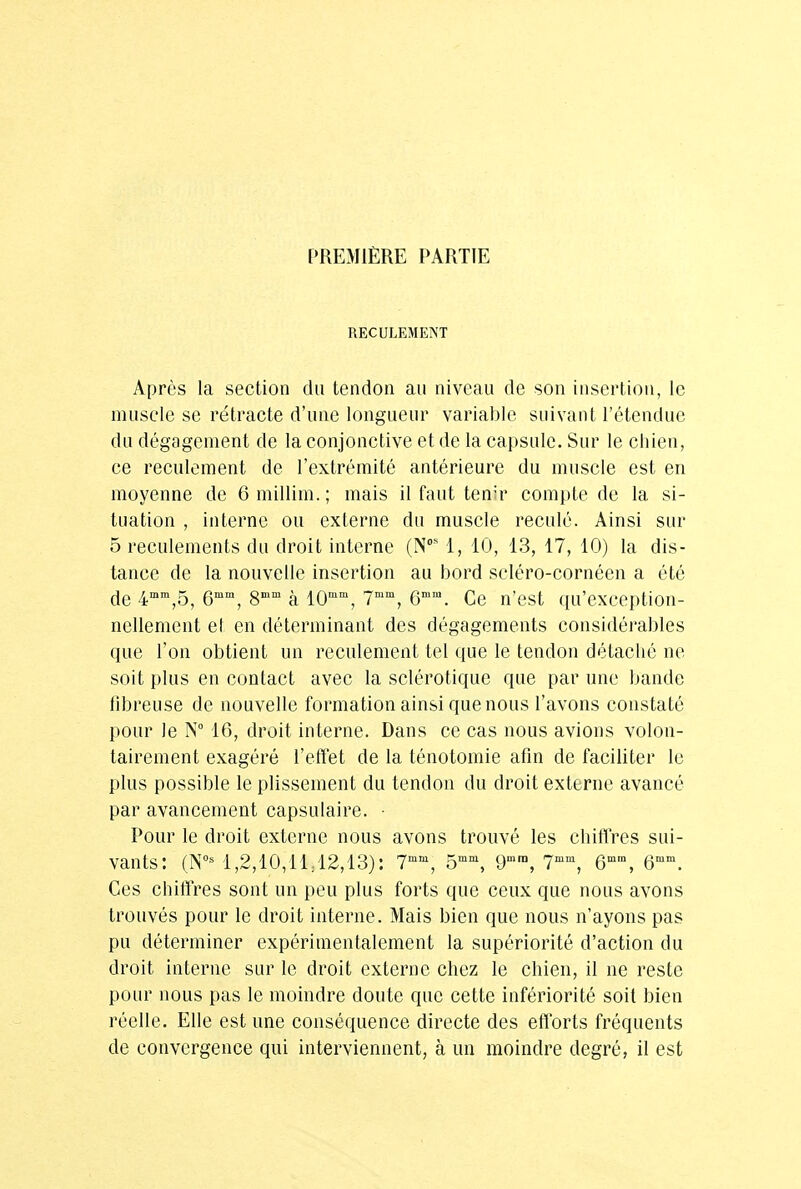 PREMIÈRE PARTIE RECULEMENT Après la section du tendon au niveau de son insertion, le muscle se rétracte d'une longueur variable suivant l'étendue du dégagement de la conjonctive et de la capsule. Sur le chien, ce reculement de l'extrémité antérieure du muscle est en moyenne de 6 millim. ; mais il faut ten;r compte de la si- tuation , interne ou externe du muscle reculé. Ainsi sur 5 reculements du droit interne (Nos 1, 10, 13, 17, 10) la dis- tance de la nouvelle insertion au bord scléro-cornéen a été de 4mm,5, 6mm, 8mm cà 10mm, 7mm, 6mm. Ce n'est qu'exception- nellement et en déterminant des dégagements considérables que l'on obtient un reculement tel que le tendon détaché ne soit plus en contact avec la sclérotique que par une bande fibreuse de nouvelle formation ainsi que nous l'avons constaté pour le N° 16, droit interne. Dans ce cas nous avions volon- tairement exagéré l'effet de la ténotomie afin de faciliter le plus possible le plissement du tendon du droit externe avancé par avancement capsulaire. • Pour le droit externe nous avons trouvé les chiffres sui- vants: (N0s 1,2,10,11/12,13): 7mm, 5ffim, 9mm, 7mm, 6mm, 6mm. Ces chiffres sont un peu plus forts que ceux que nous avons trouvés pour le droit interne. Mais bien que nous n'ayons pas pu déterminer expérimentalement la supériorité d'action du droit interne sur le droit externe chez le chien, il ne reste pour nous pas le moindre doute que cette infériorité soit bien réelle. Elle est une conséquence directe des efforts fréquents de convergence qui interviennent, à un moindre degré, il est