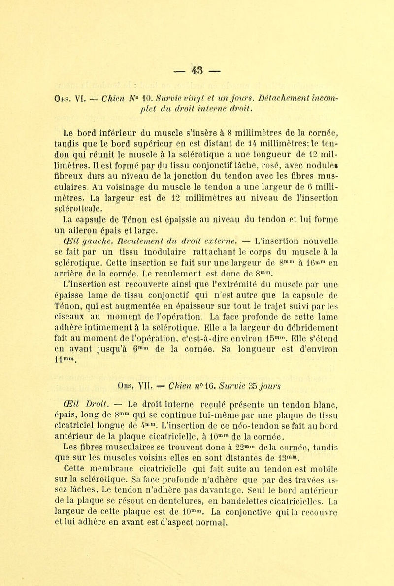 Ous. VI. — Chien N° 10. Survie vingt et un jours. Détachement incom- plet du droit interne droit. Le bord inférieur du muscle s'insère à 8 millimètres de la cornée, tandis que le bord supérieur en est distant de 14 millimètres; le ten- don qui réunit le muscle à la sclérotique a une longueur de 12 mil- limètres. Il est formé par du tissu conjonctif lâche, rosé, avec nodulei fibreux durs au niveau de la jonction du tendon avec les fibres mus- culaires. Au voisinage du muscle le tendon a une largeur de 6 milli- mètres. La largeur est de 12 millimètres au niveau de l'insertion sçléroticale. La capsule de Ténon est épaissie au niveau du tendon et lui forme un aileron épais et large. Œil gauche. Reculement du droit externe. — L'insertion nouvelle se fait par un tissu modulaire, rattachant le. corps du muscle à la sclérotique. Cette insertion se fait sur une largeur de 8mm à 16»>m en arrière de la cornée. Le reculement est donc de 8mm. L'insertion est recouverte ainsi que l'extrémité du muscle, par une épaisse lame de tissu conjonctif qui n'est autre que la capsule de Ténon, qui est augmentée en épaisseur sur tout le trajet suivi par les ciseaux au moment de l'opération. La face profonde de cette lame adhère intimement à la sclérotique. Elle a la largeur du débridement fait au moment de l'opération, c'est-à-dire environ 15^'». Elle s'étend en avant jusqu'à 6mm de la cornée. Sa longueur est d'environ ûbs. VII- — Chien n°16. Survie 35 jours Œil Droit. —- Le droit interne reculé présente un tendon blanc, épais, long de 8mm qui se continue lui-même par une plaque de tissu cicatriciel longue de 4nim. L'insertion de ce néo-tendon se fait au bord antérieur de la plaque cicatricielle, à 10mm de la cornée. Les fibres musculaires se trouvent donc à 22Ba delà cornée, tandis que sur les muscles voisins elles en sont distantes de 13mm. Cette membrane cicatricielle qui fait suite au tendon est mobile sur la sclérotique. Sa face profonde n'adhère que par des travées as- sez lâches. Le tendon n'adhère pas davantage. Seul le bord antérieur de la plaque se résout en dentelures, en bandelettes cicatricielles. La largeur de cette plaque est de 10mm. La conjonctive qui la recouvre et lui adhère en avant est d'aspect normal.