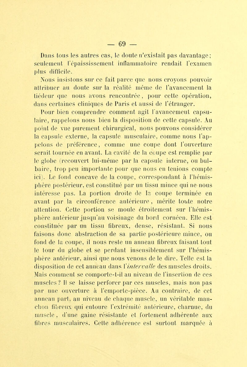Dans tous les autres cas, le doute n'existait pas davantage; seulement l'épaississement inflammatoire rendait l'examen plus difficile. Nous insistons sur ce fait parce que nous croyons pouvoir attribuer au cloute sur la réalité même de l'avancement la tiédeur que nous avons rencontrée, pour cette opération, dans certaines cliniques de Paris et aussi de l'étranger. Pour bien comprendre comment agit l'avancemeut capsu- laire, rappelons nous bien la disposition de cette capsule. Au point de vue purement chirurgical, nous pouvons considérer la capsule externe, la capsule musculaire, comme nous l'ap- pelons de préférence, comme une coupe dont l'ouverture serait tournée en avant. La cavité de la ccupe est remplie par le globe (recouvert lui-même par la capsule interne, ou bul- baire, trop peu importante pour que nous en tenions compte ici). Le fond concave de la coupe, correspondant à l'hémis- phère postérieur, est constitué par un tissu mince qui ne nous intéresse pas. La portion droite de la coupe terminée en avant par la circonférence antérieure, mérite toute notre attention. Cette portion se moule étroitement sur l'hémis- phère antérieur jusqu'au voisinage du bord cornéen. Elle est constituée par un tissu fibreux, dense, résistant. Si nous faisons donc abstraction de sa partie postérieure mince, ou fond de la coupe, il nous reste un anneau fibreux faisant tout le tour du globe et se perdant insensiblement sur l'hémis- phère antérieur, ainsi que nous venons de le dire. Telle est la disposition de cet anneau dans l'intervalle des muscles droits. Mais comment se comporte-t-il au niveau de l'insertion de ces muscles? Il se laisse perforer par ces muscles, mais non pas par une ouverture à l'emporte-pièce. Au contraire, de cet anneau part, au niveau de chaque muscle, un véritable man- chon fibreux qui entoure l'extrémité antérieure, charnue, du muscle, d'une gaine résistante et fortement adhérente aux fibres musculaires. Cette adhérence est surtout marquée à