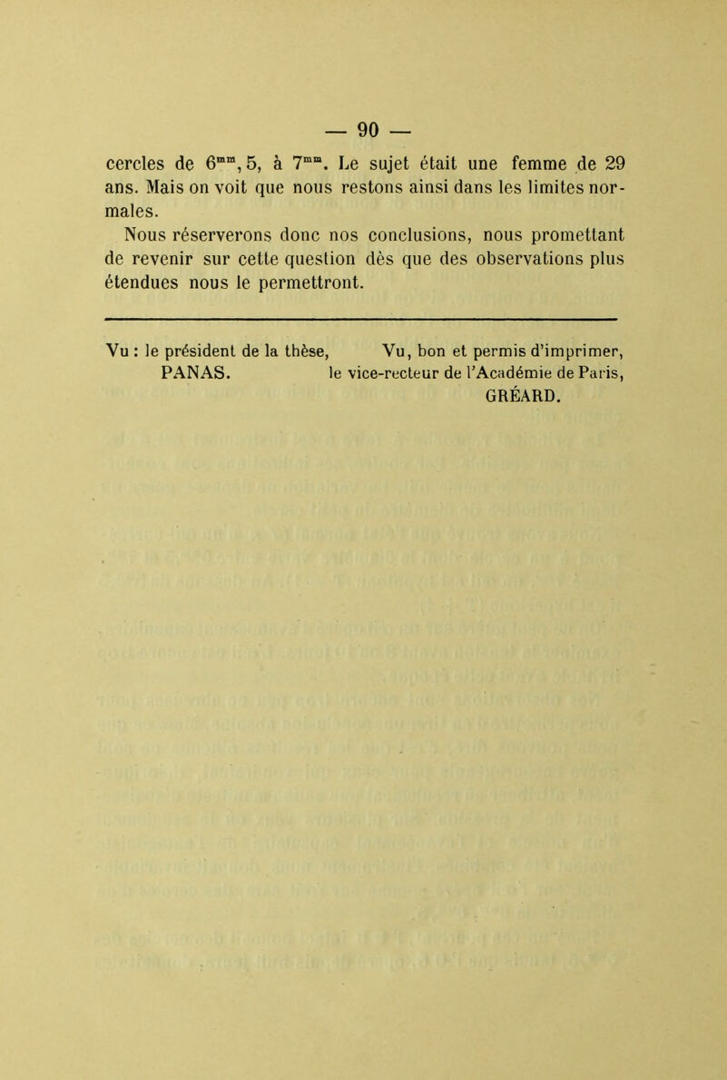 cercles de 6ram, 5, à 7mni. Le sujet était une femme de 29 ans. Mais on voit que nous restons ainsi dans les limites nor- males. Nous réserverons donc nos conclusions, nous promettant de revenir sur cette question dès que des observations plus étendues nous le permettront. Vu : le président de la thèse, Vu, bon et permis d'imprimer, PANAS. le vice-recteur de l'Académie de Paris, GRÉARD.