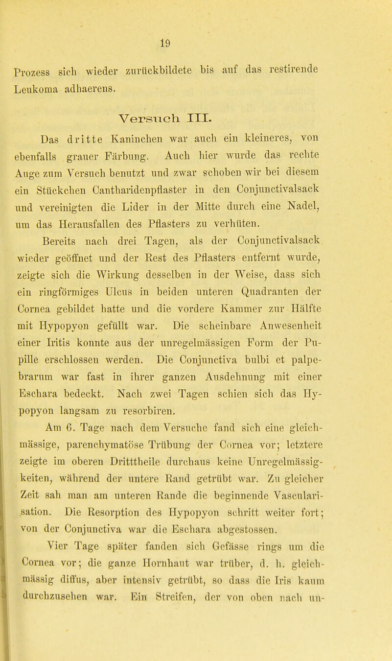 rrozess sicli wieder zuviickbilclete bis auf das restirende Leukoma adliaereus. Versiich III. Das dritte Kaninchen war auch ein kleineres, von ebenfalls grauer Färbung. Auch hier wurde das rechte Auge zum Versuch benutzt und zwar schoben wir bei diesem ein Stückchen Cantharidenpflaster in den Conjunctivalsack und vereinigten die Lider in der Mitte durch eine Nadel, um das Herausfallen des Pflasters zu verhüten. Bereits nach drei Tagen, als der Conjunctivalsack wieder geöffnet und der Rest des Pflasters entfernt wurde, zeigte sich die Wirkung desselben in der Weise, dass sich ein ringförmiges Ulcus in beiden unteren Quadranten der Cornea gebildet hatte und die vordere Kammer zur Hälfte mit Hypopyon gefüllt war. Die scheinbare Anwesenheit einer Iritis konnte aus der unregelmässigen Form der Pu- pille erschlossen werden. Die Conjunctiva bulbi et palpe- brarum war fast in ihrer ganzen Ausdehnung mit einer Eschara bedeckt. Nach zwei Tagen schien sich das Hy- popyon langsam zu resorbiren. Am 6. Tage nach dem Versuche fand sich eine gleich- massige, parenchymatöse Trübung der Cornea vor; letztere zeigte im oberen Dritttheile durchaus keine Unregelmässig- keiten, während der untere Rand getrübt war. Zu gleicher Zeit sah man am unteren Rande die beginnende Vasculari- sation. Die Resorption des Hypopyon schritt weiter fort; von der Conjunctiva war die Eschara abgestossen. Vier Tage später fanden sich Gefässe rings um die Cornea vor; die ganze Hornhaut war trüber, d. h. gleich- mässig diffus, aber intensiv getrübt, so dass die Iris kaum durchzusehen war. Ein Streifen, der von oben nacli un-