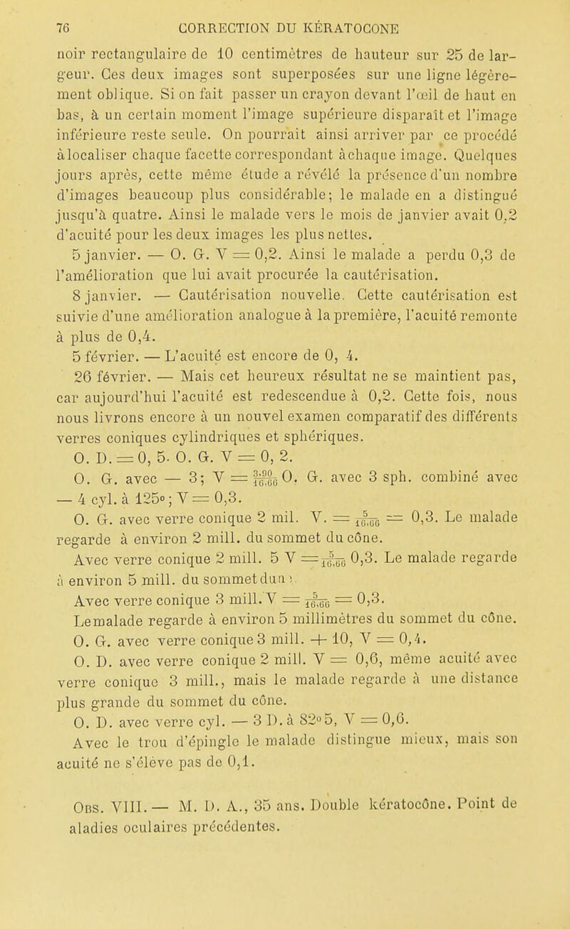 noir rectangulaire de 10 centimètres de hauteur sur 25 de lar- geur. Ces deux images sont superposées sur une ligne légère- ment oblique. Si on fait passer un crayon devant l'œil de haut en bas, à un certain moment l'image supérieure disparait et l'image inférieure reste seule. On pourrait ainsi arriver par ce procédé àlocaliser chaque facette correspondant àchaque image. Quelques jours après, cette même étude a révélé la présence d'un nombre d'images beaucoup plus considérable; le malade en a distingué jusqu'à quatre. Ainsi le malade vers le mois de janvier avait 0.2 d'acuité pour les deux images les plus nettes. 5 janvier. — 0. G. V = 0,2. Ainsi le malade a perdu 0,3 de l'amélioration que lui avait procurée la cautérisation. S janvier. — Cautérisation nouvelle. Cette cautérisation est suivie d'une amélioration analogue à la première, l'acuité remonte à plus de 0,4. 5 février. — L'acuité est encore de 0, -4. 26 février. — Mais cet heureux résultat ne se maintient pas, car aujourd'hui l'acuité est redescendue à 0,2. Cette fois, nous nous livrons encore à un nouvel examen comparatif des différents verres coniques cylindriques et sphériques. 0. D. = 0, 5. 0. G. V = 0, 2. 0. G. avec — 3; V = f^O. G. avec 3 sph. combiné avec — 4 cyl. à 125»; V= 0,3. 0. G. avec verre conique 2 mil. V. = ^ — 0,3. Le malade regarde à environ 2 mill. du sommet du cône. Avec verre conique 2 mill. 5 V =rj^-u °>3- Le malade regarde à environ 5 mill. du sommetdun;. Avec verre conique 3 mill. V = = 0,3. Lemalade regarde à environ 5 millimètres du sommet du cône. 0. G. avec verre conique 3 mill. H- 10, V = 0,4. 0. D. avec verre conique 2 mill. V = 0,6, même acuité avec verre conique 3 mill., mais le malade regarde à une distance plus grande du sommet du cône. 0. D. avec verre cyl. — 3 D. à 82°5, V = 0,0. Avec le trou d'épingle le malade distingue mieux, mais son acuité ne s'élève pas de 0,1. Obs. VIII.— M. L). A., 35 ans. Double kératocône. Point de aladies oculaires précédentes.