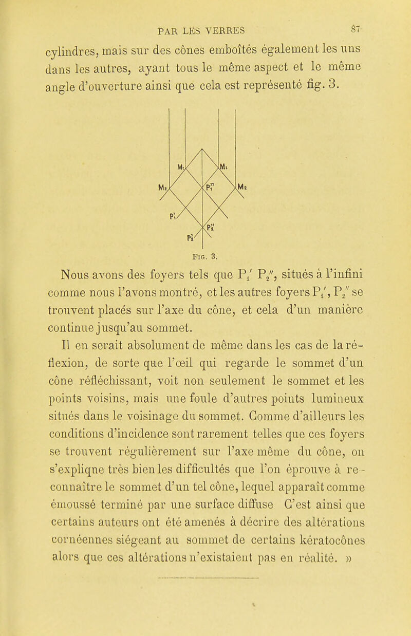 cylindres, mais sur des cônes emboîtés également les uns dans les autres, ayant tous le même aspect et le même angle d'ouverture ainsi que cela est représenté fig. 3. Fig. 3. Nous avons des foyers tels que P/ P2, situés à l'infini comme nous l'avons montré, et les autres foyers P/, P2 se trouvent placés sur l'axe du cône, et cela d'un manière continue jusqu'au sommet. Il en serait absolument de même dans les cas de la ré- flexion, de sorte que l'œil qui regarde le sommet d'un cône réfléchissant, voit non seulement le sommet et les points voisins, mais une foule d'autres points lumineux situés dans le voisinage du sommet. Gomme d'ailleurs les conditions d'incidence sont rarement telles que ces foyers se trouvent régulièrement sur l'axe même du cône, on s'explique très bien les difficultés que l'on éprouve à re- connaître le sommet d'un tel cône, lequel apparaît comme èmoussé terminé par une surface diffuse C'est ainsi que certains auteurs ont été amenés à décrire des altérations cornéennes siégeant au sommet de certains kératocônes alors que ces altérations n'existaient pas en réalité. » %